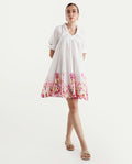 Rareism Women's Qura Multi Cotton Blend Johnny Collar Floral Print Cutout Sleeve Knee Length Flared Dress