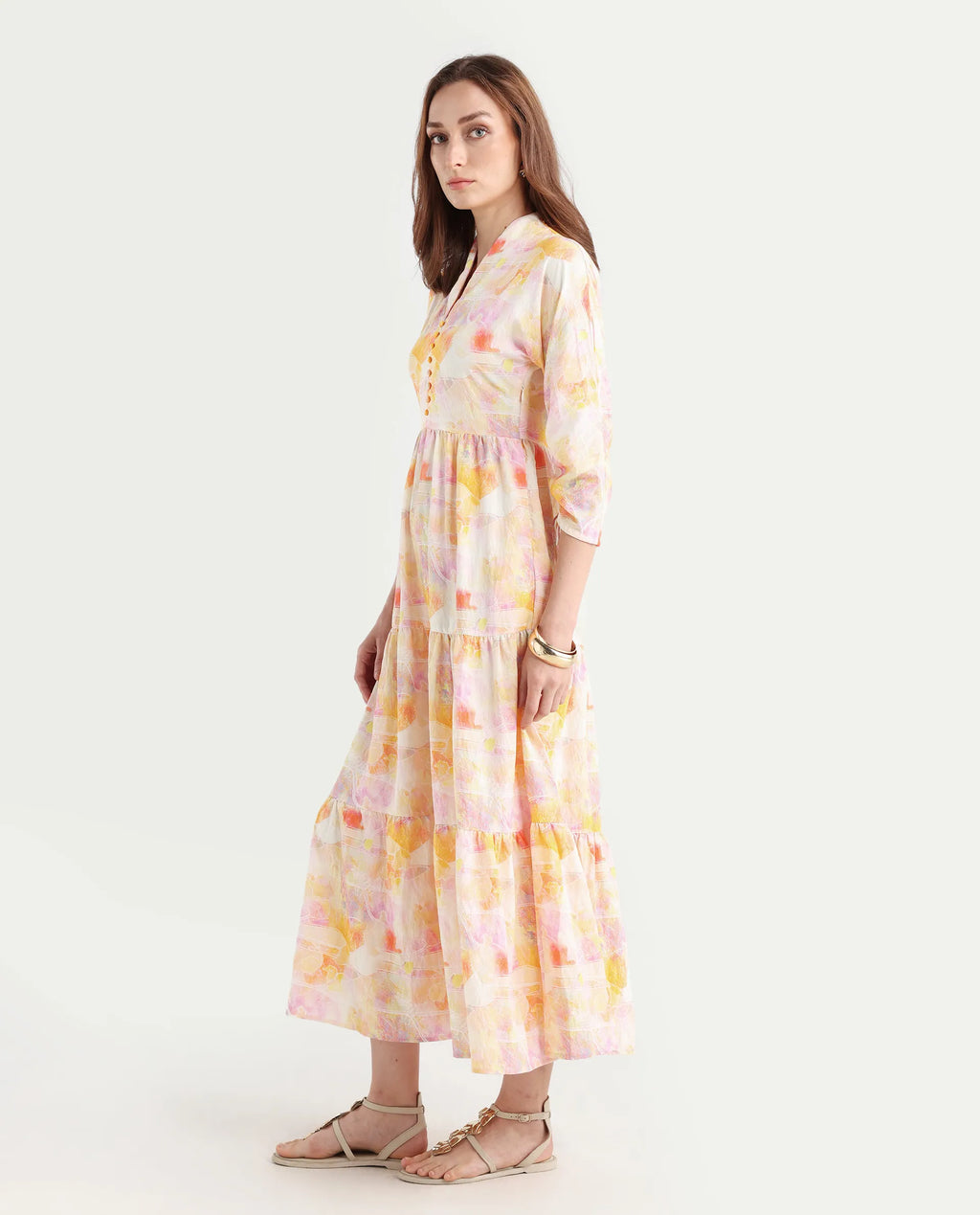 Rareism Women's Qurobi Pastel Multi Nylon Blend Built-Up Neck Abstract Print Kimono Sleeve Maxi Fit And Flare Dress