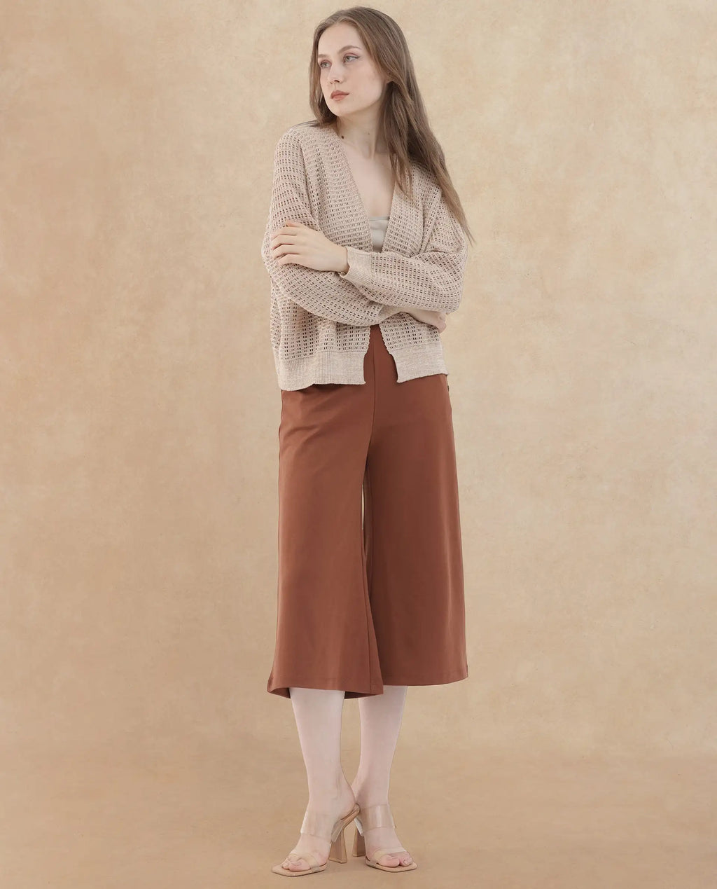 Rareism Women's Roba Gold Cotton Plain Relaxed Fit Shrug