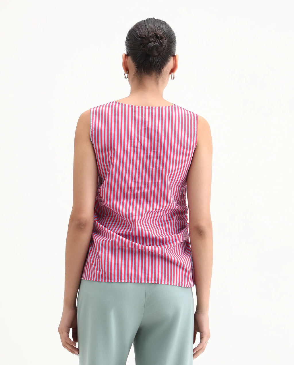 Rareism Women's Radar Light Blue Cotton Cowl Neck Striped Sleeveless Regular Fit Top