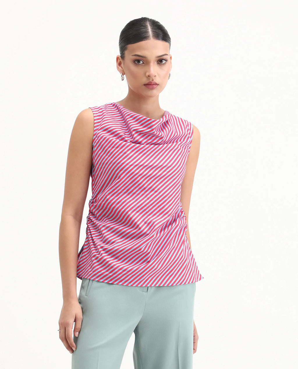 Rareism Women's Radar Light Blue Cotton Cowl Neck Striped Sleeveless Regular Fit Top