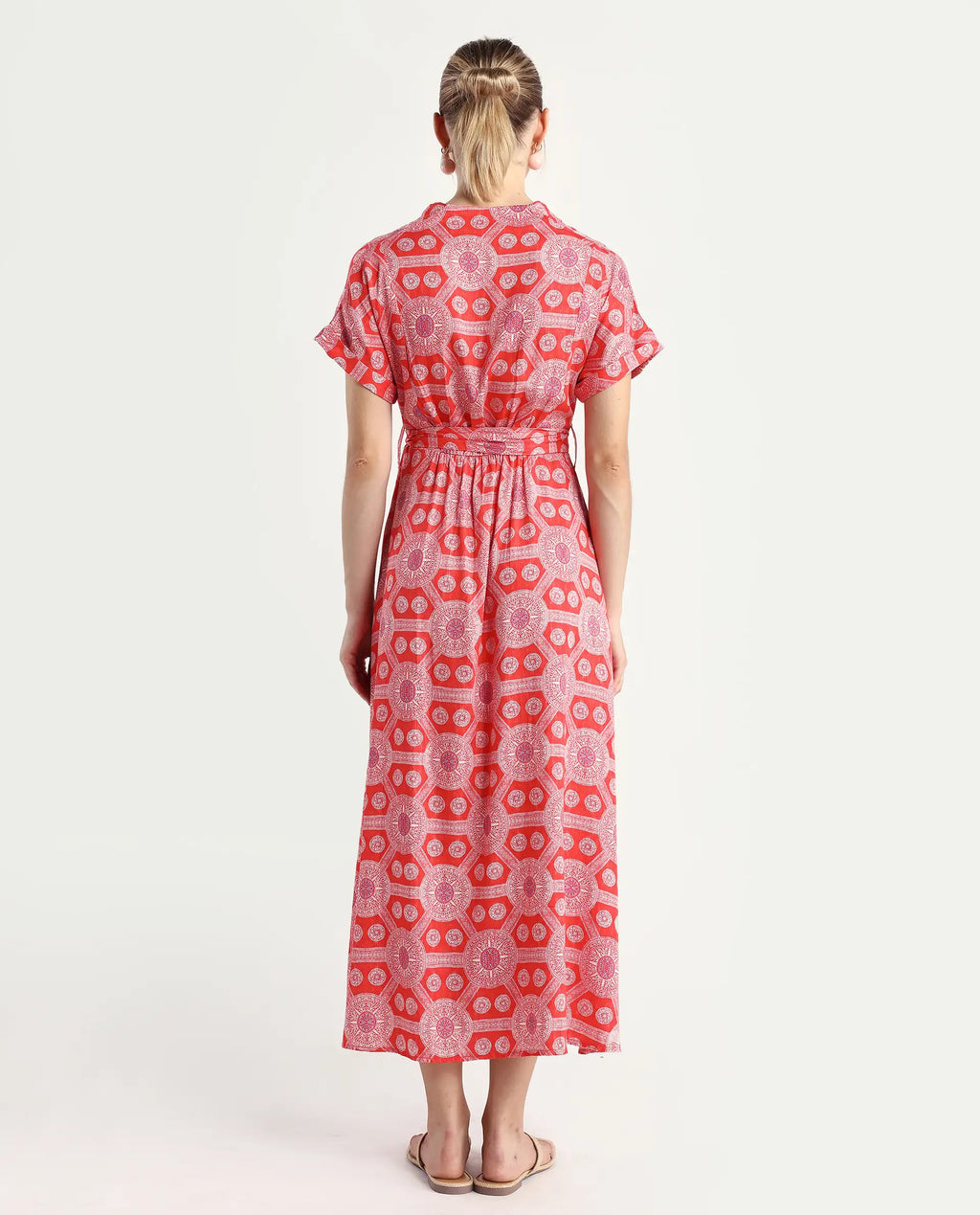 Rareism Women's Rada Red Cotton V-Neck Geometric Print Flutter Sleeve Midi A-Line Dress