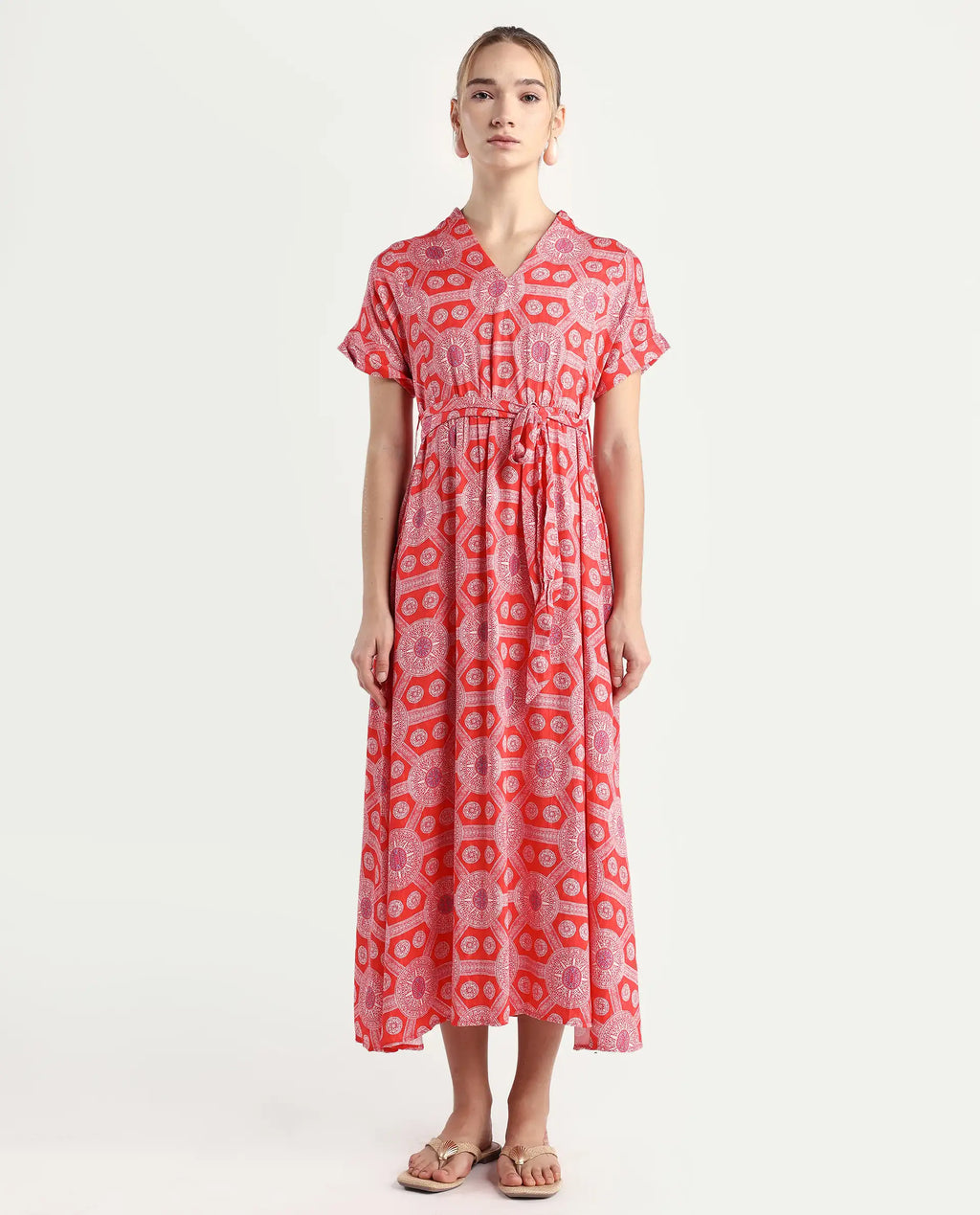 Rareism Women's Rada Red Cotton V-Neck Geometric Print Flutter Sleeve Midi A-Line Dress