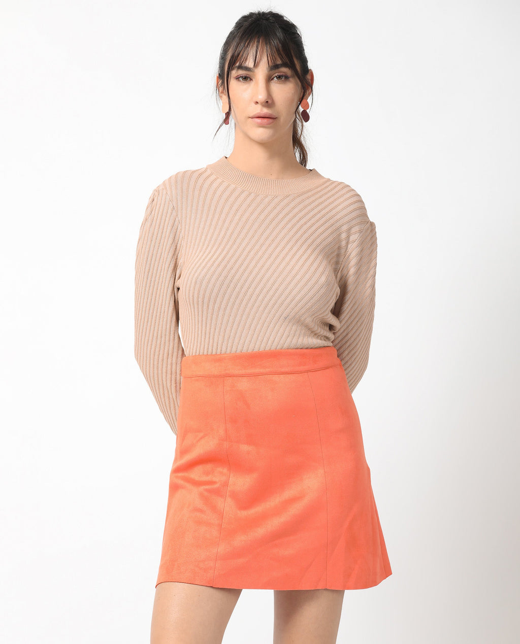 Rareism Women's Rame Orange Polyester Plain Midi Regular Fit Skirt