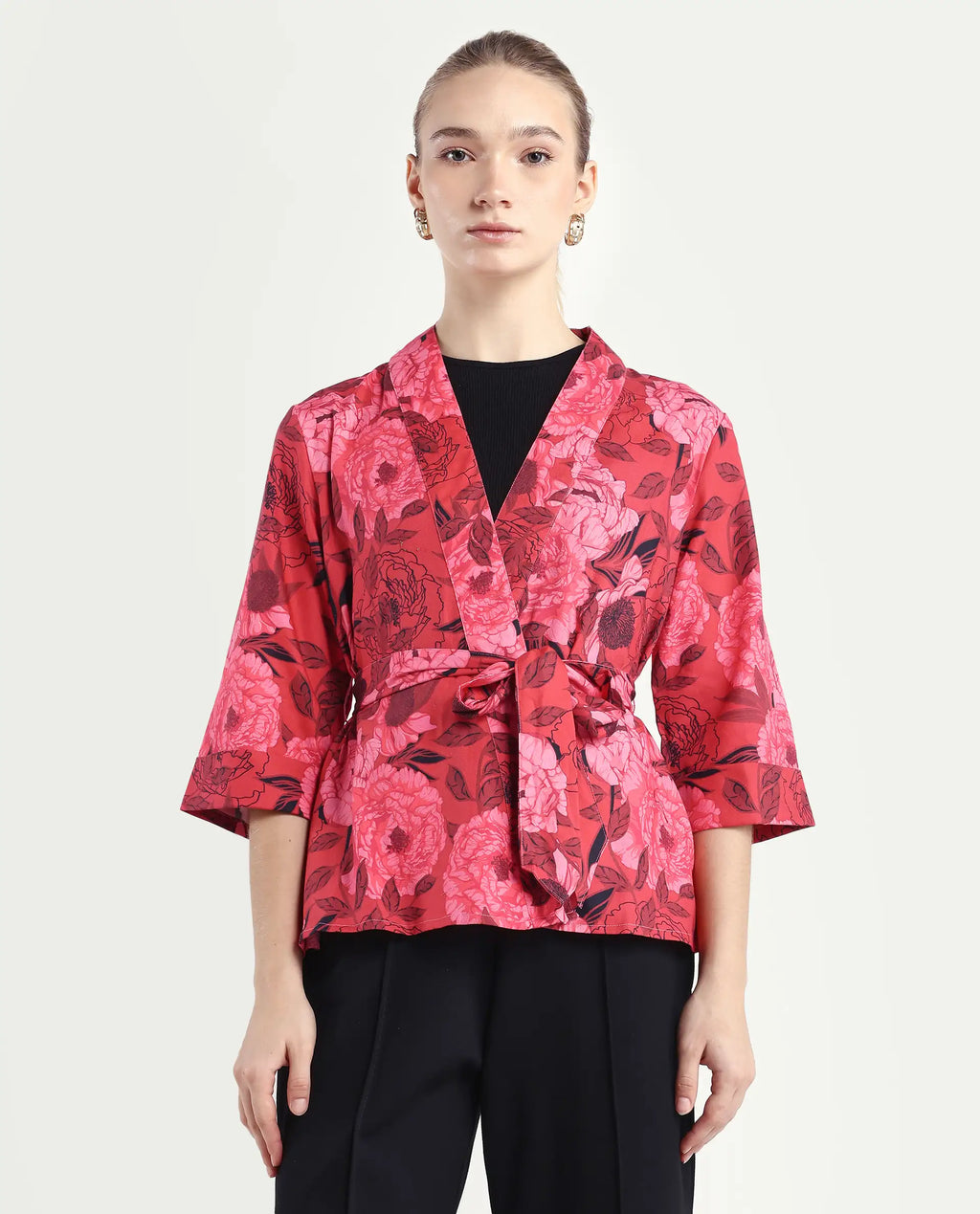 Rareism Women's Ramo Red Cotton Blend Overlap Neck Floral Print Regular Fit Top
