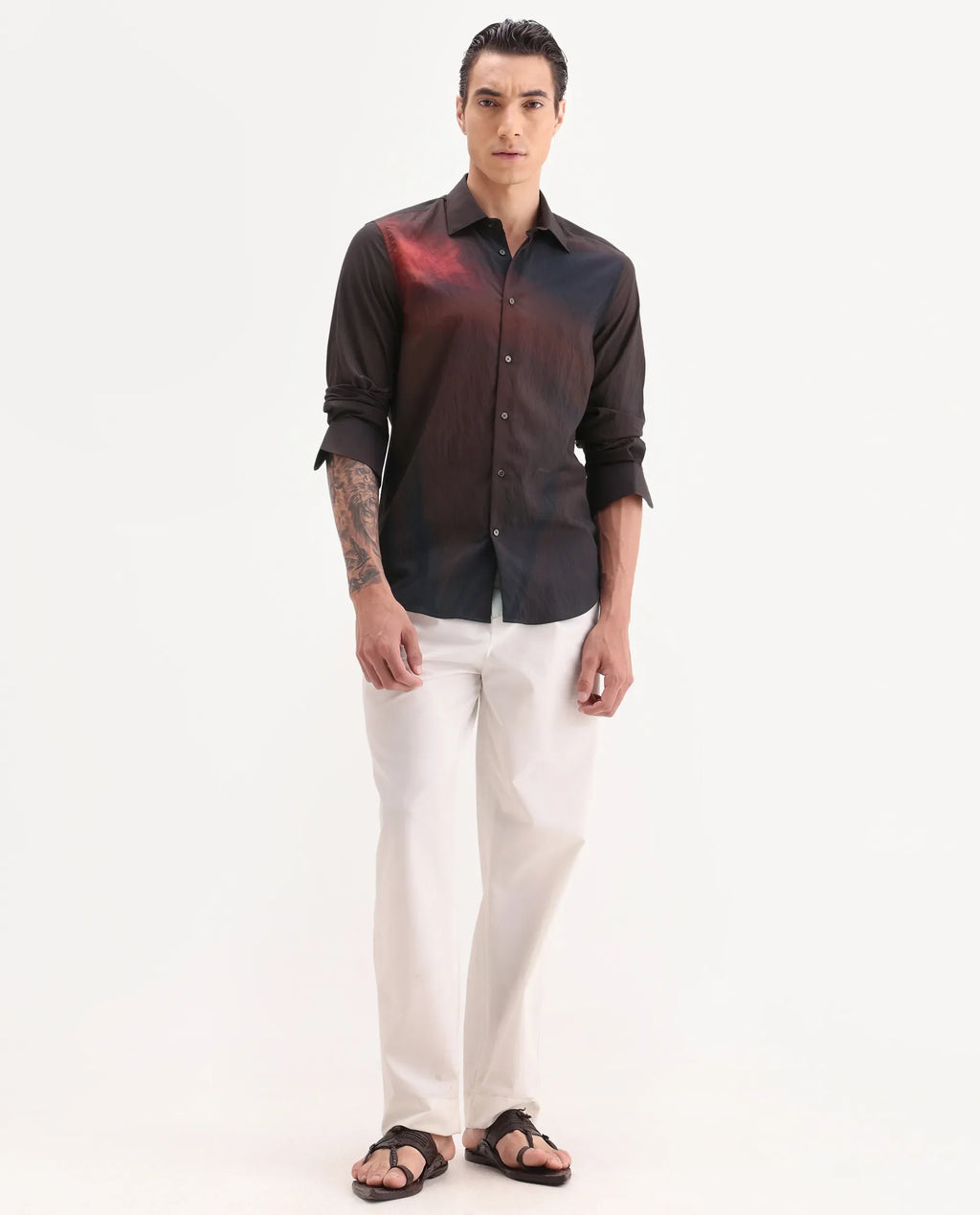 Rare Rabbit Men's Rano Dusky Brown Viscose Blend Fabric Collared Neck Regular Fit Abstract Print Shirt