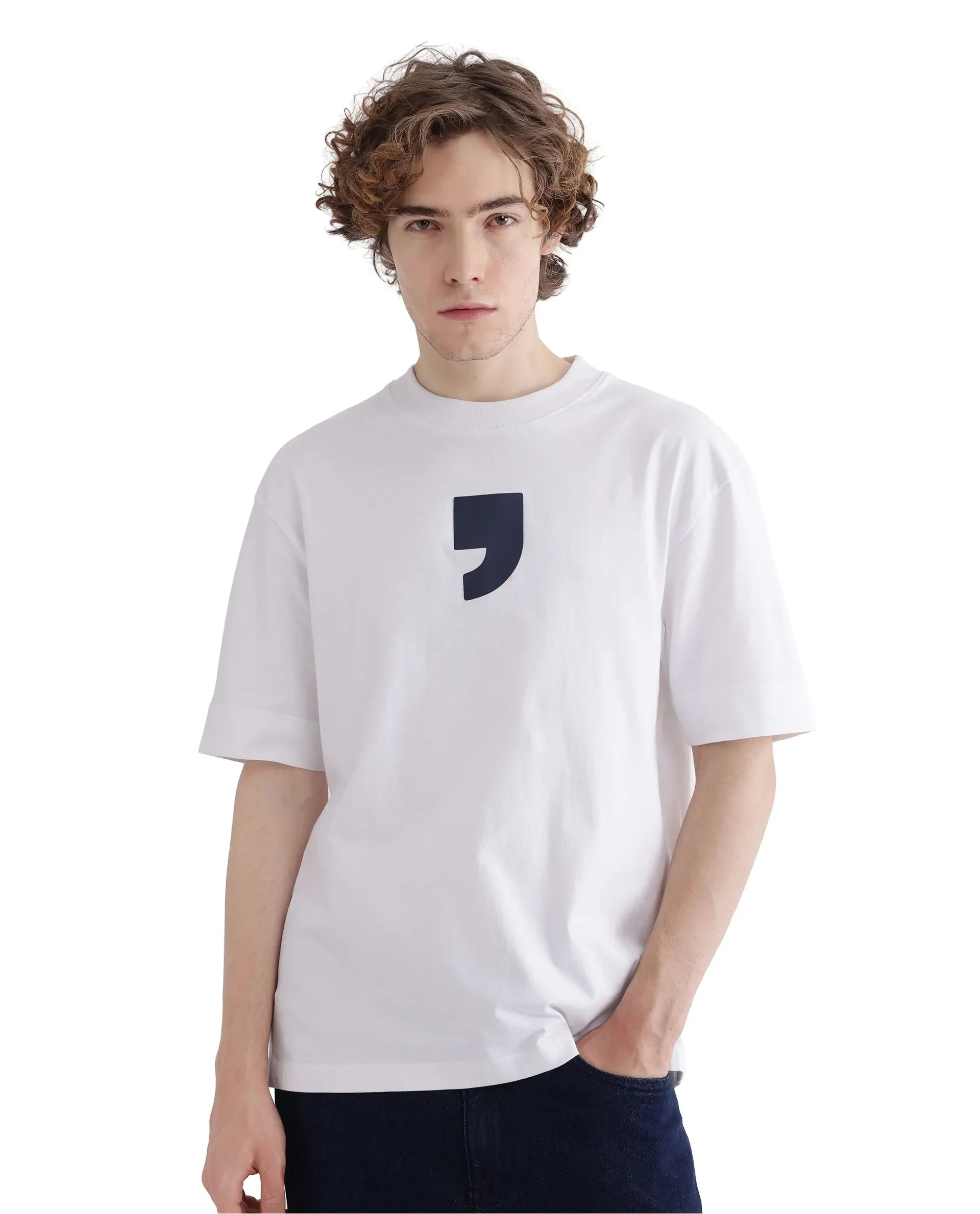 Rare Rabbit Men's Rare'Z White Cotton Graphic Print Oversized Fit Half Sleeve Crew Neck T-Shirt