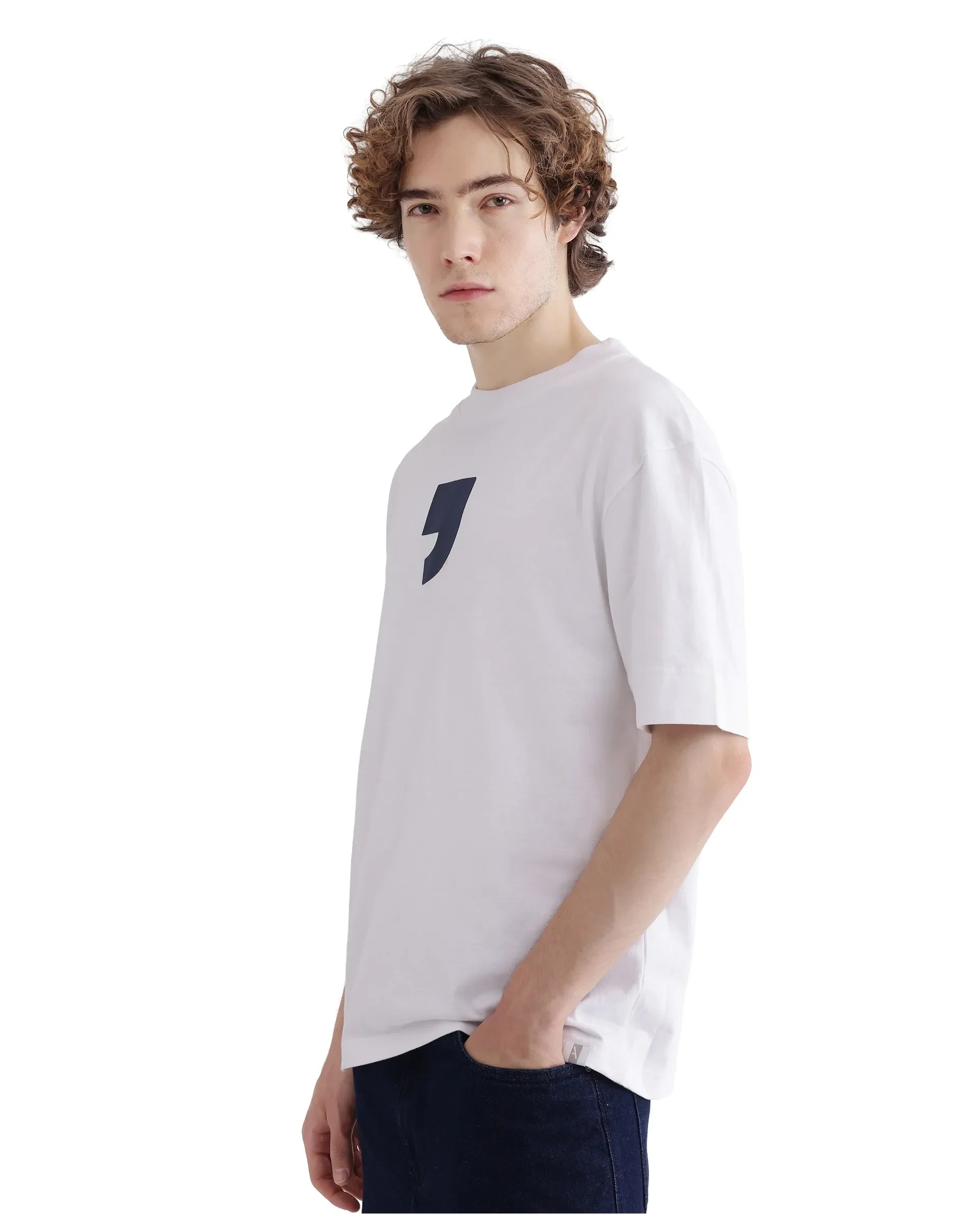 Rare Rabbit Men's Rare'Z White Cotton Graphic Print Oversized Fit Half Sleeve Crew Neck T-Shirt