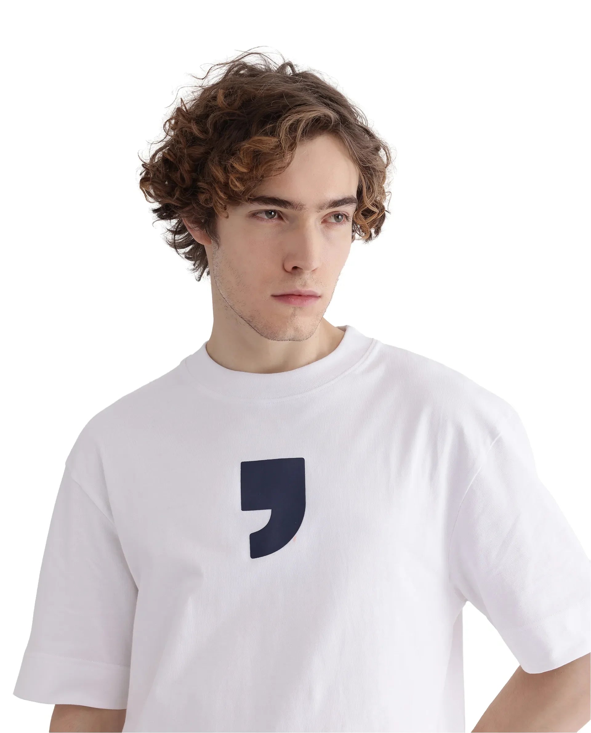Rare Rabbit Men's Rare'Z White Cotton Graphic Print Oversized Fit Half Sleeve Crew Neck T-Shirt