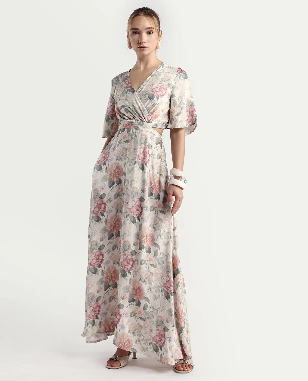 Rareism Women's Ravin Multi Cotton Blend Overlap Neck Floral Print Maxi Fit And Flare Dress