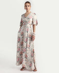 Rareism Women's Ravin Multi Cotton Blend Overlap Neck Floral Print Maxi Fit And Flare Dress