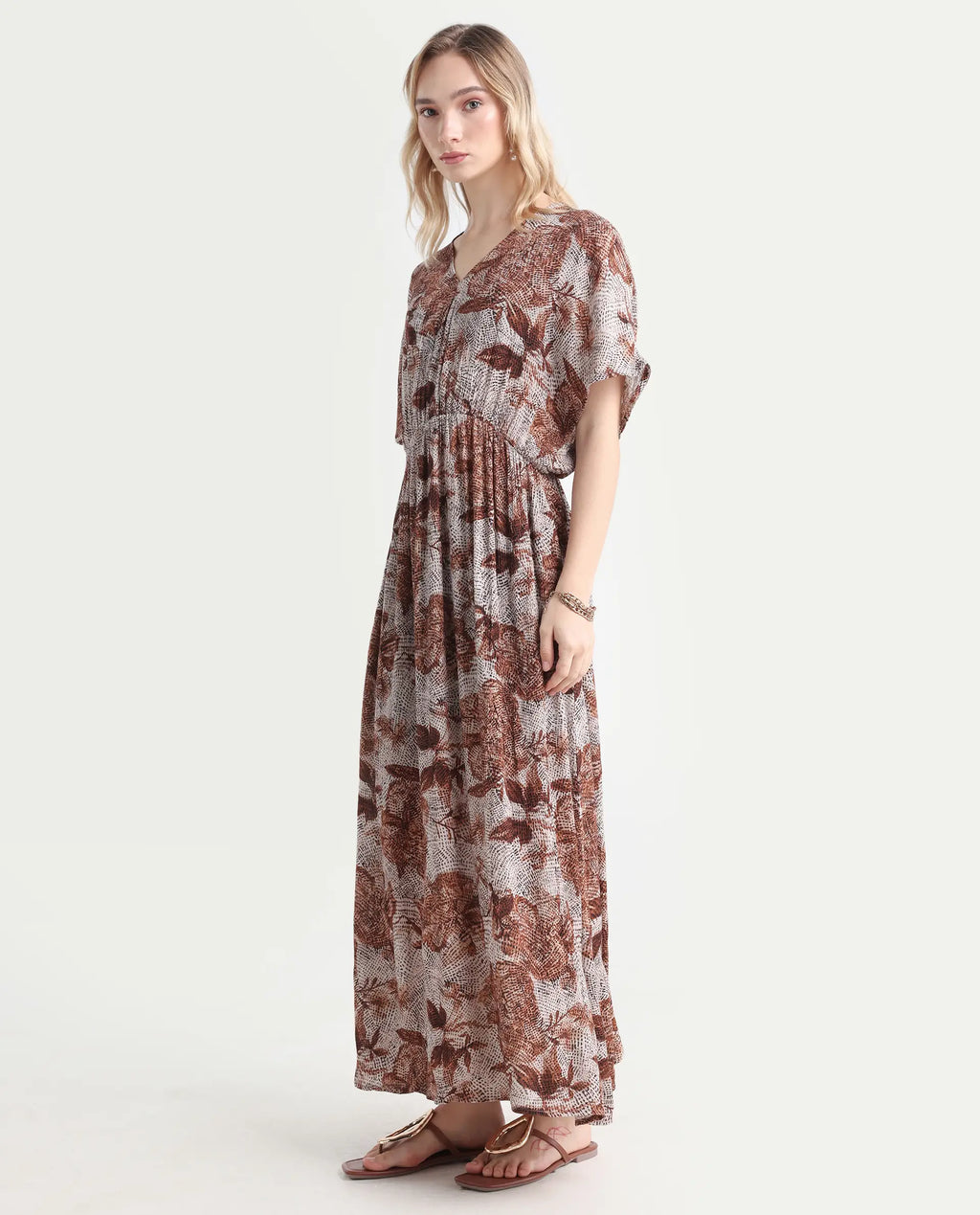 Rareism Women's Rayo Dusky Beige Viscose V-Neck Abstract Print Extended Sleeves Maxi Relaxed Fit Dress