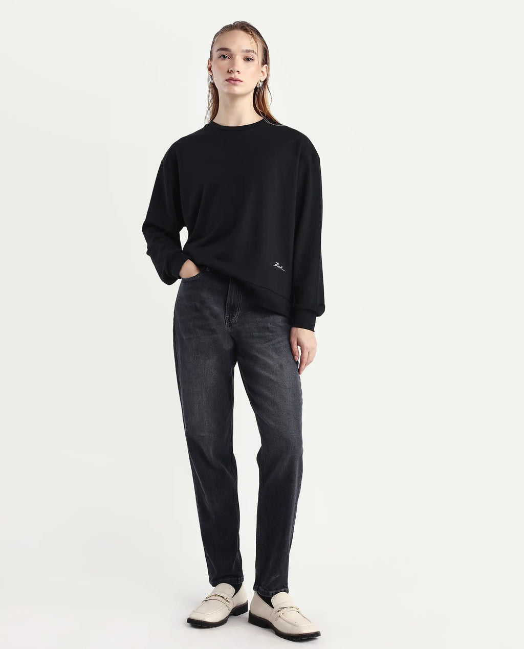 Rareism Women's Raze Black Cotton Blend Crew Neck Relaxed Fit Printed Sweatshirt