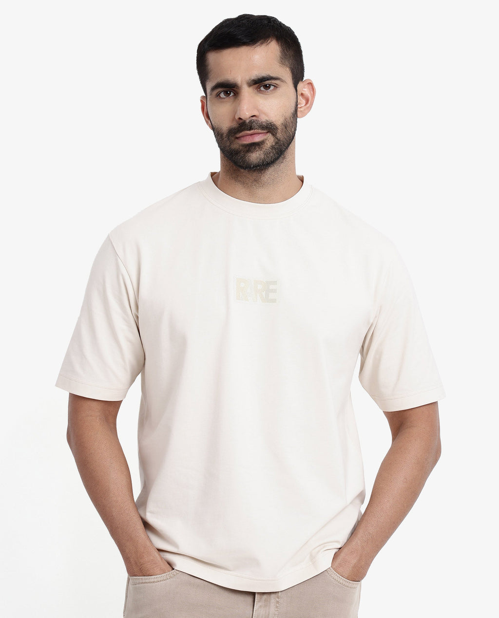 Rare Rabbit Men's Reborn-T Beige Cotton Graphic Print Oversized Fit Half Sleeve Crew Neck T-Shirt