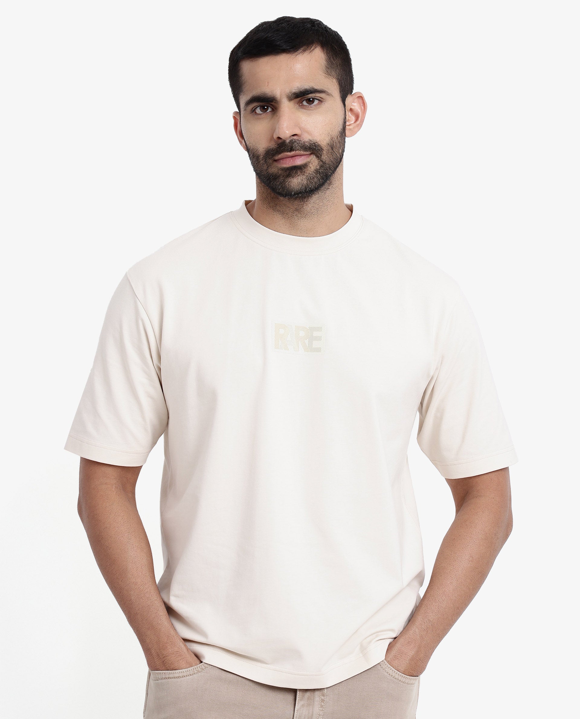 Rare Rabbit Men's Reborn-T Beige Cotton Graphic Print Oversized Fit Half Sleeve Crew Neck T-Shirt