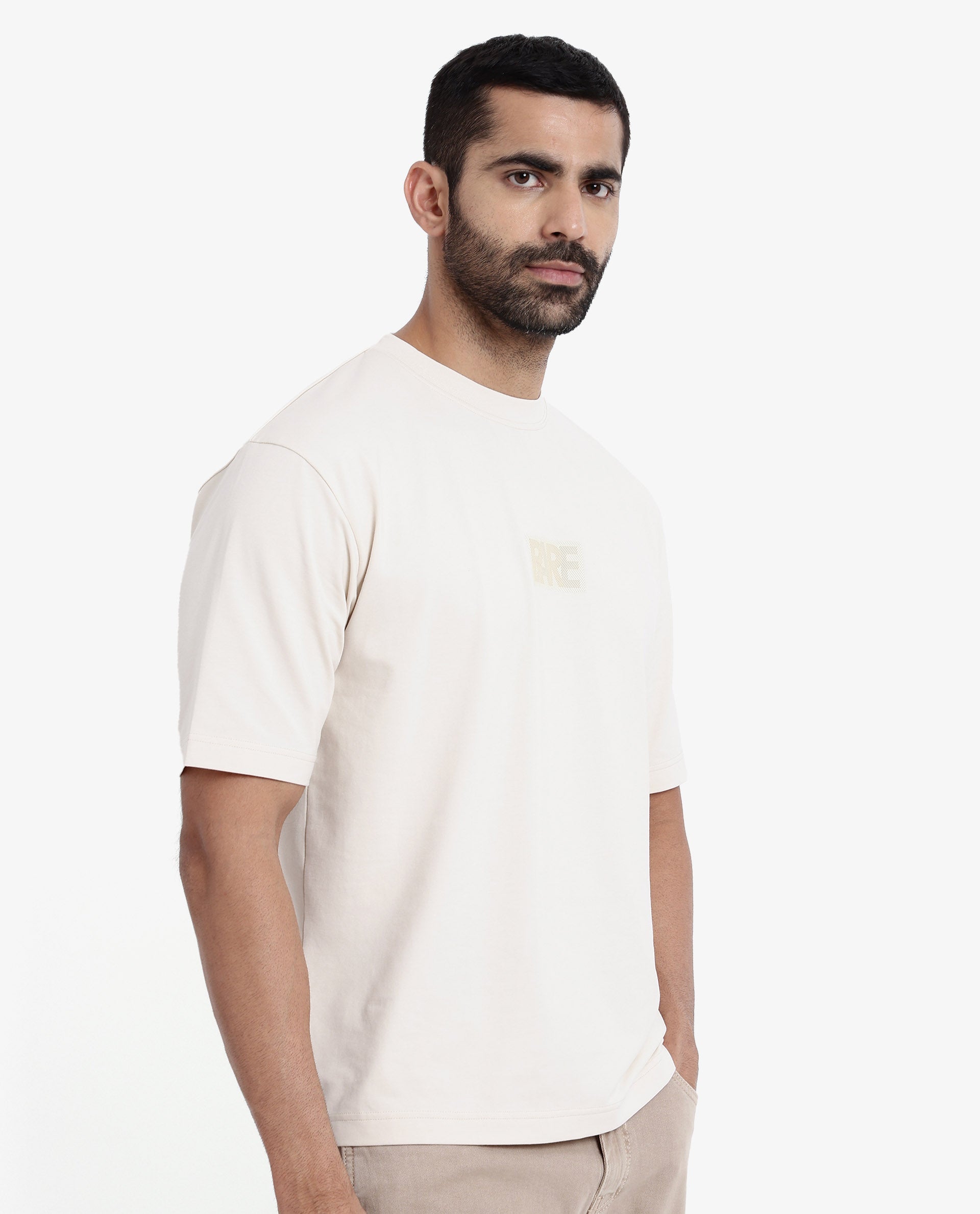 Rare Rabbit Men's Reborn-T Beige Cotton Graphic Print Oversized Fit Half Sleeve Crew Neck T-Shirt