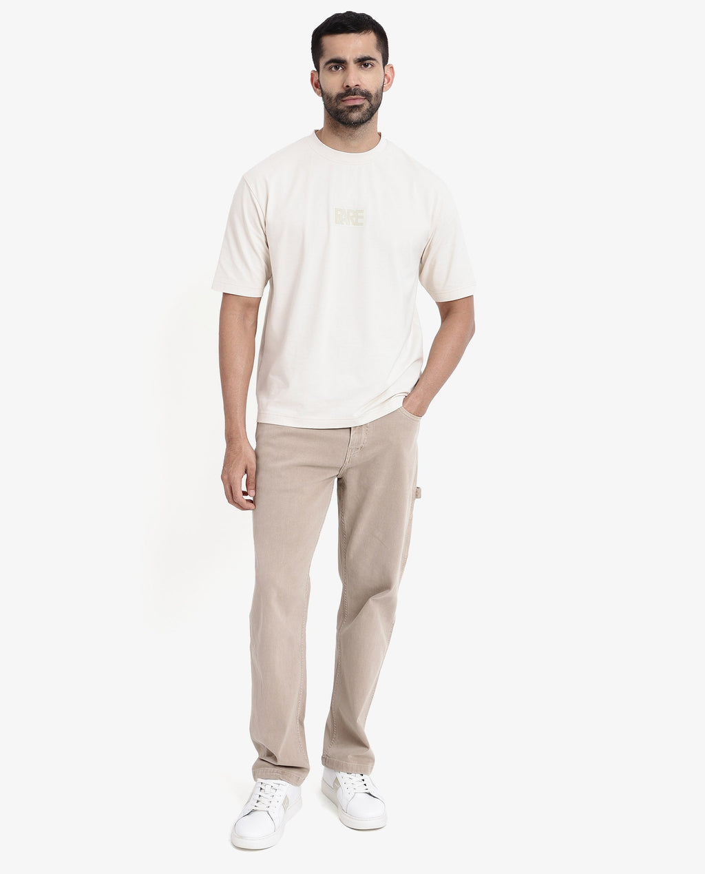 Rare Rabbit Men's Reborn-T Beige Cotton Graphic Print Oversized Fit Half Sleeve Crew Neck T-Shirt