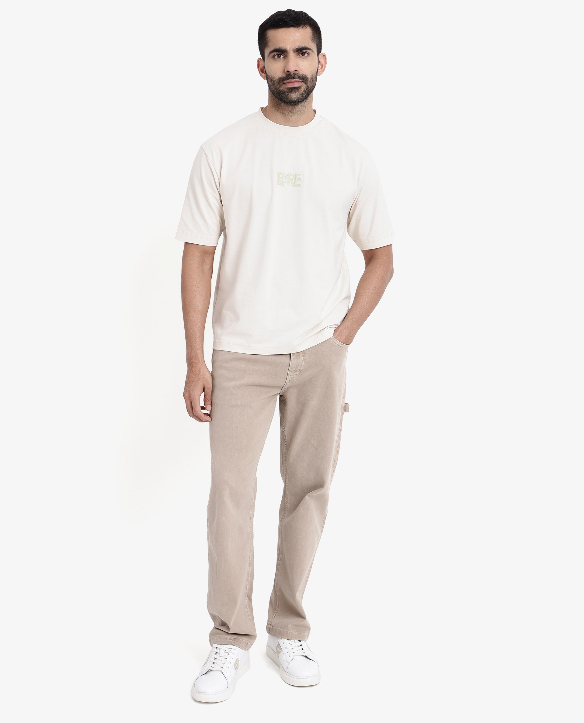 Rare Rabbit Men's Reborn-T Beige Cotton Graphic Print Oversized Fit Half Sleeve Crew Neck T-Shirt