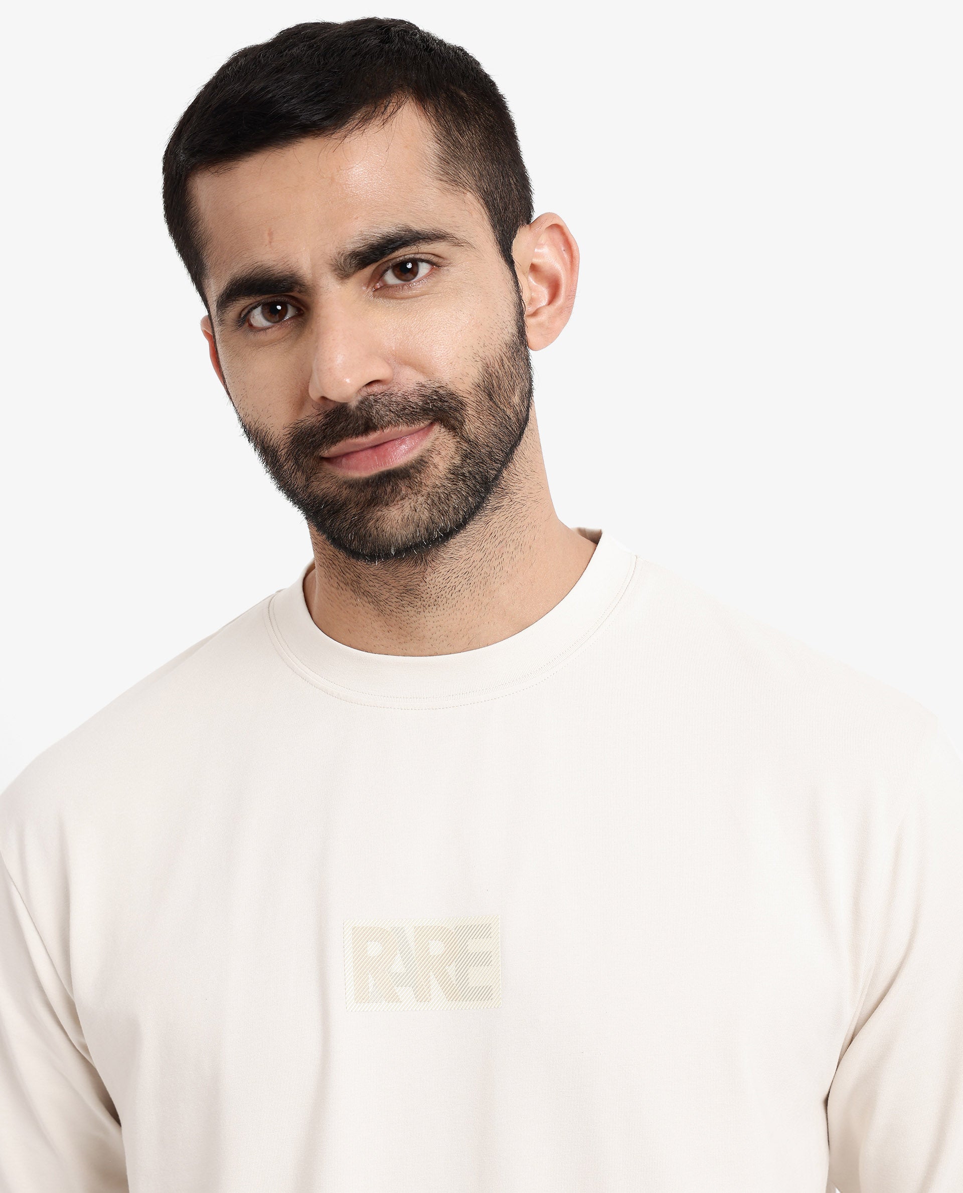 Rare Rabbit Men's Reborn-T Beige Cotton Graphic Print Oversized Fit Half Sleeve Crew Neck T-Shirt