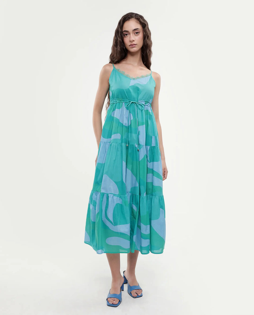 Rareism Women's Reid Green Cotton Shoulder Strap Abstract Print Shoulder Strap Midi Fit And Flare Dress