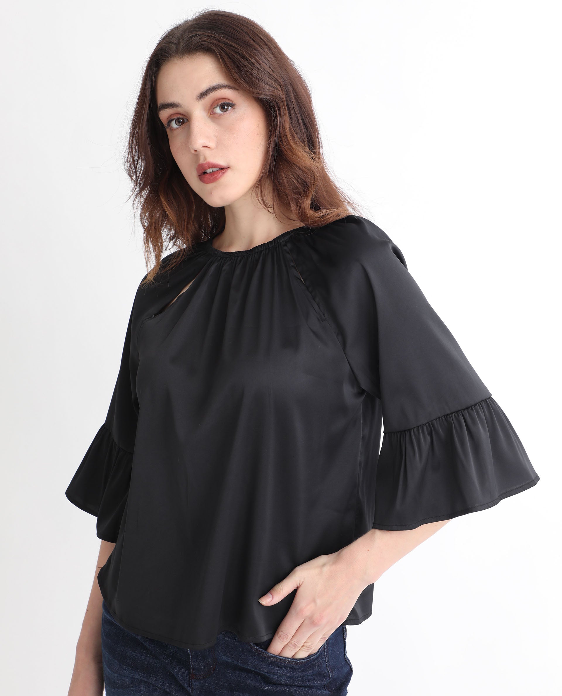 Rareism Women's Reila Black Polyester Boat Neck Plain Relaxed Fit Top