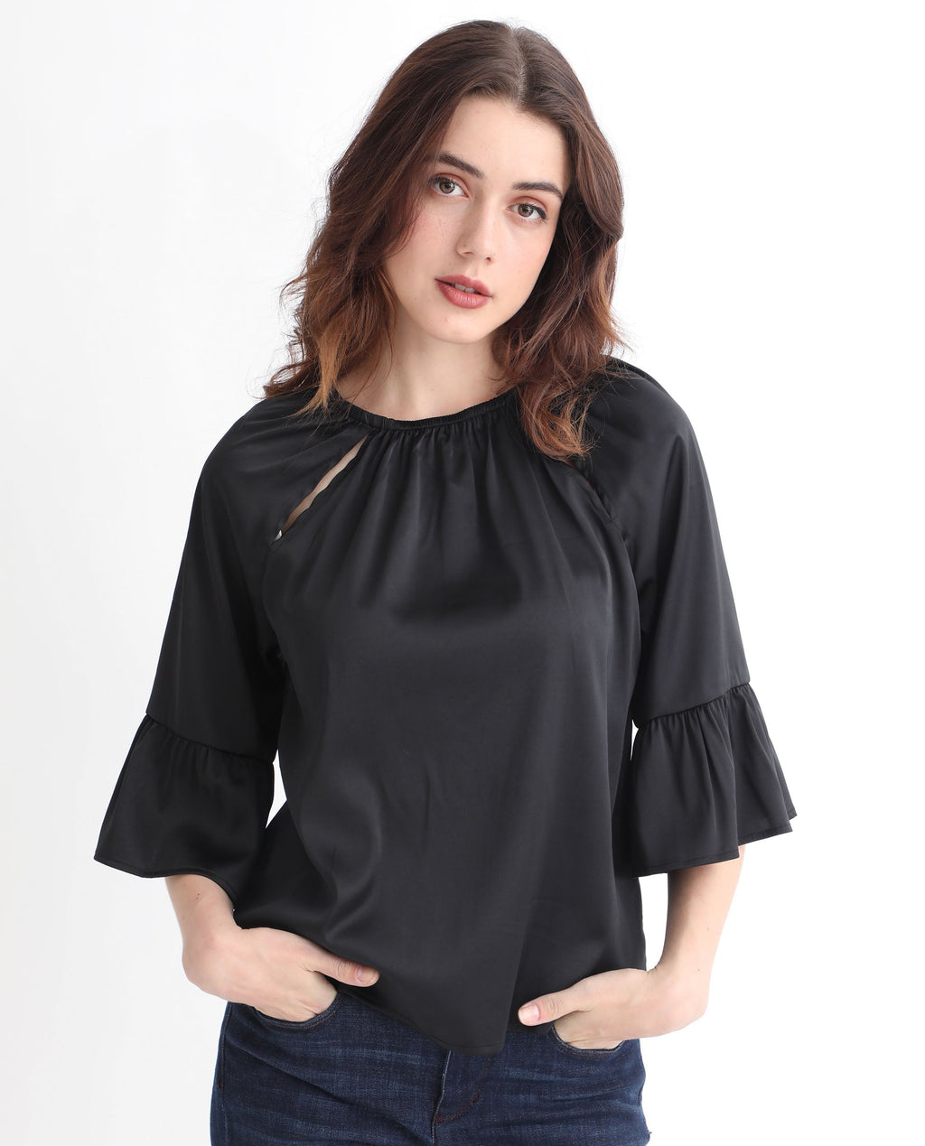 Rareism Women's Reila Black Polyester Boat Neck Plain Relaxed Fit Top