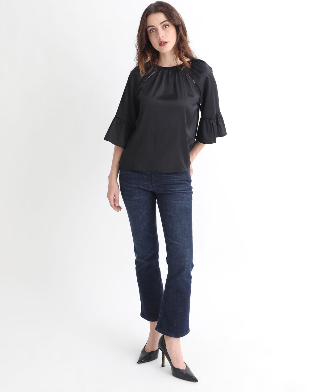 Rareism Women's Reila Black Polyester Boat Neck Plain Relaxed Fit Top