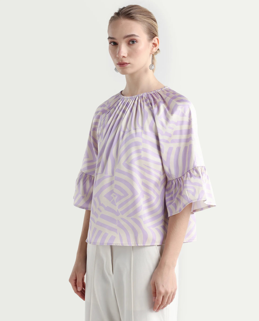 Rareism Women's Reila Pastel Purple Polyester Boat Neck Geometric Print Raglan Sleeve Relaxed Fit Top