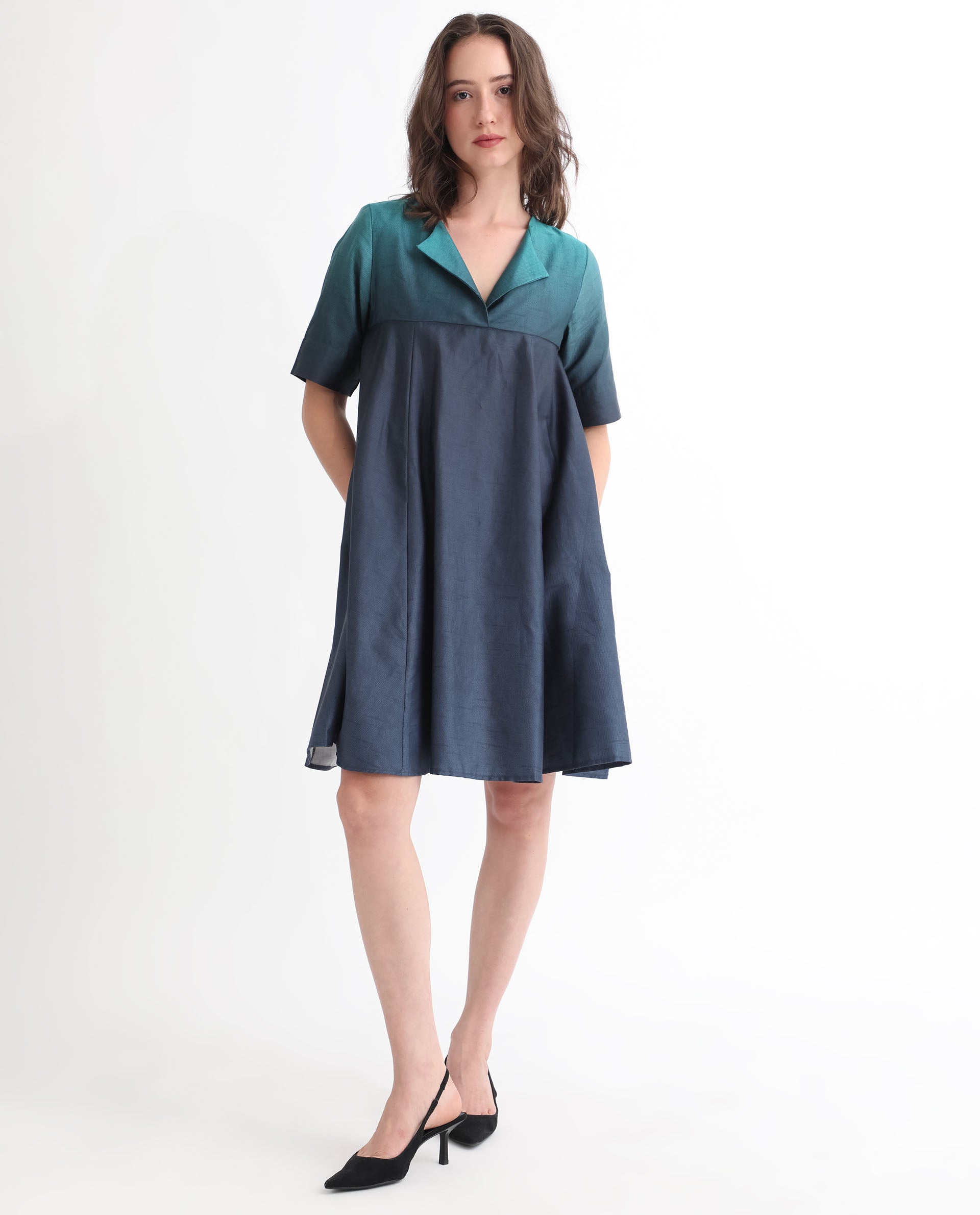 Rareism Women's Reilly Green Cotton Overlap Neck Ombre Mini Fit And Flare Dress