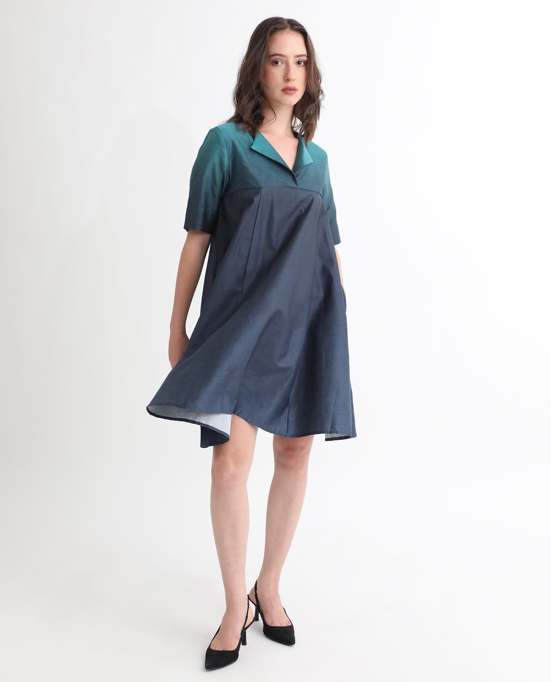 Rareism Women's Reilly Green Cotton Overlap Neck Ombre Mini Fit And Flare Dress