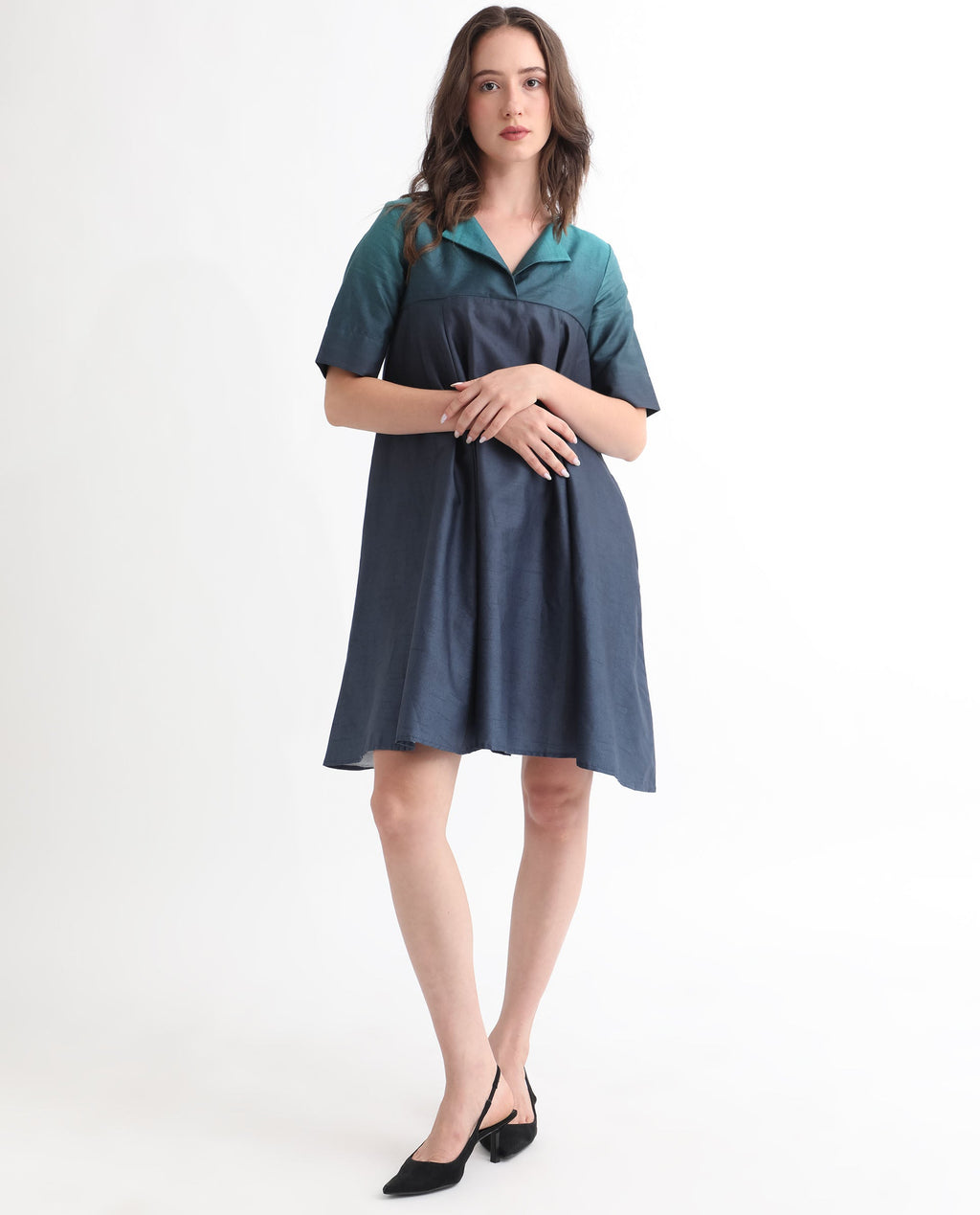 Rareism Women's Reilly Green Cotton Overlap Neck Ombre Mini Fit And Flare Dress