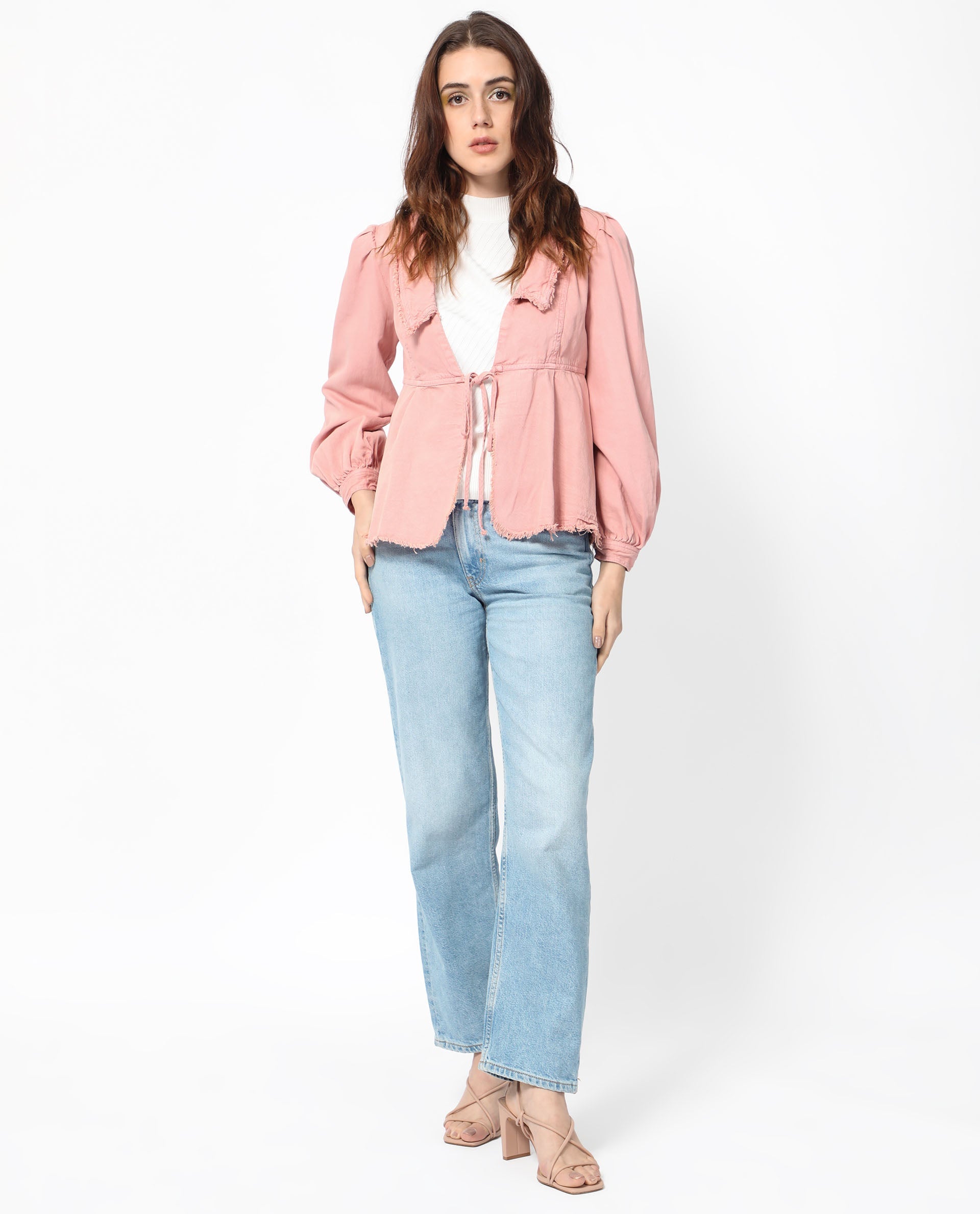 Rareism Women's Reism Light Pink Cotton Blend Lapel Neck Plain Boxy Fit Shrug