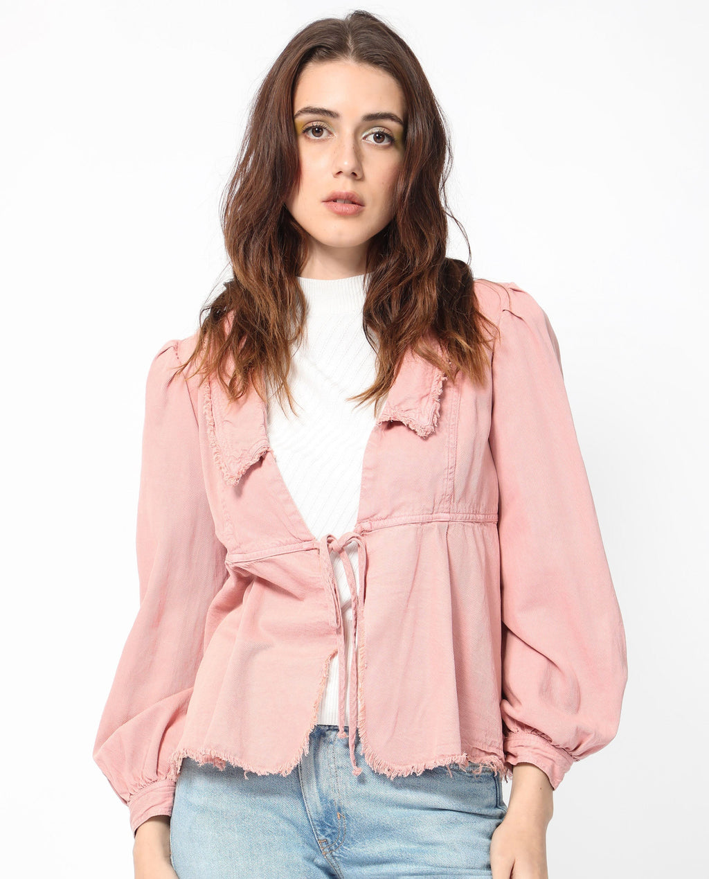 Rareism Women's Reism Light Pink Cotton Blend Lapel Neck Plain Boxy Fit Shrug