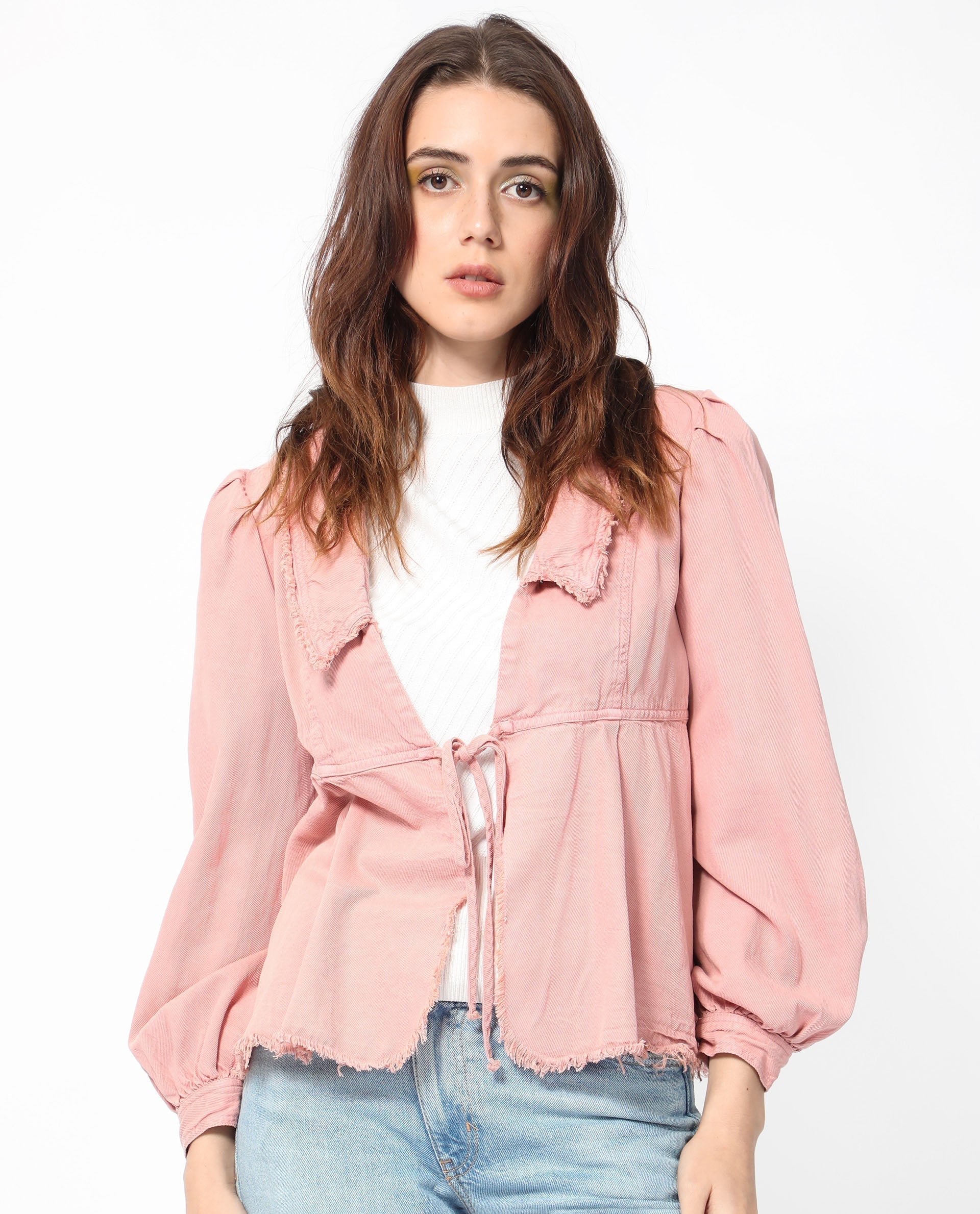Rareism Women's Reism Light Pink Cotton Blend Lapel Neck Plain Boxy Fit Shrug