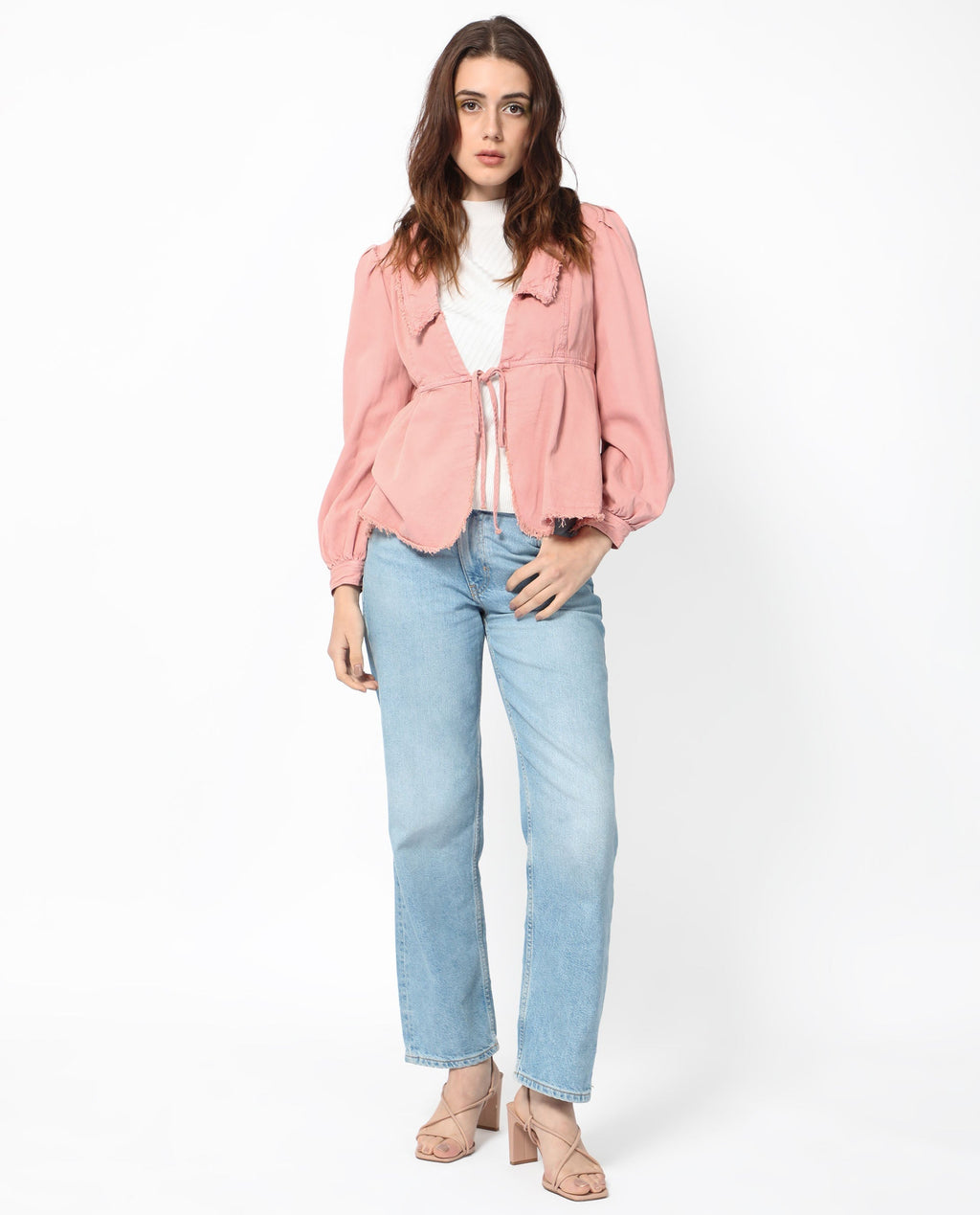 Rareism Women's Reism Light Pink Cotton Blend Lapel Neck Plain Boxy Fit Shrug