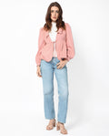 Rareism Women's Reism Light Pink Cotton Blend Lapel Neck Plain Boxy Fit Shrug
