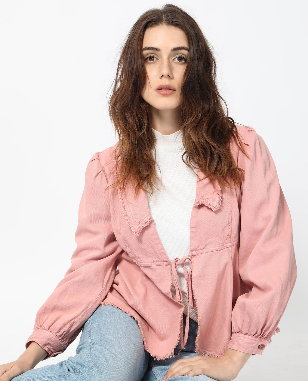 Rareism Women's Reism Light Pink Cotton Blend Lapel Neck Plain Boxy Fit Shrug