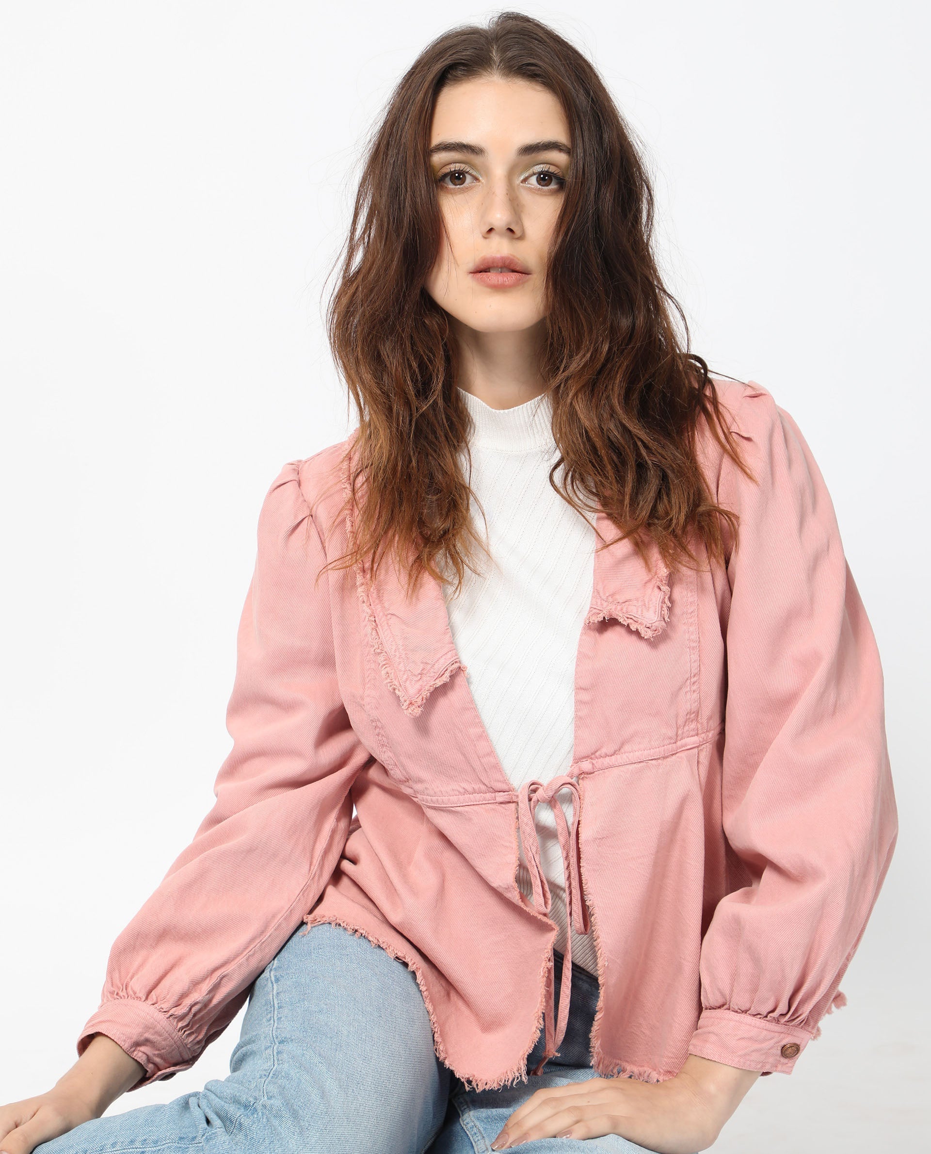 Rareism Women's Reism Light Pink Cotton Blend Lapel Neck Plain Boxy Fit Shrug
