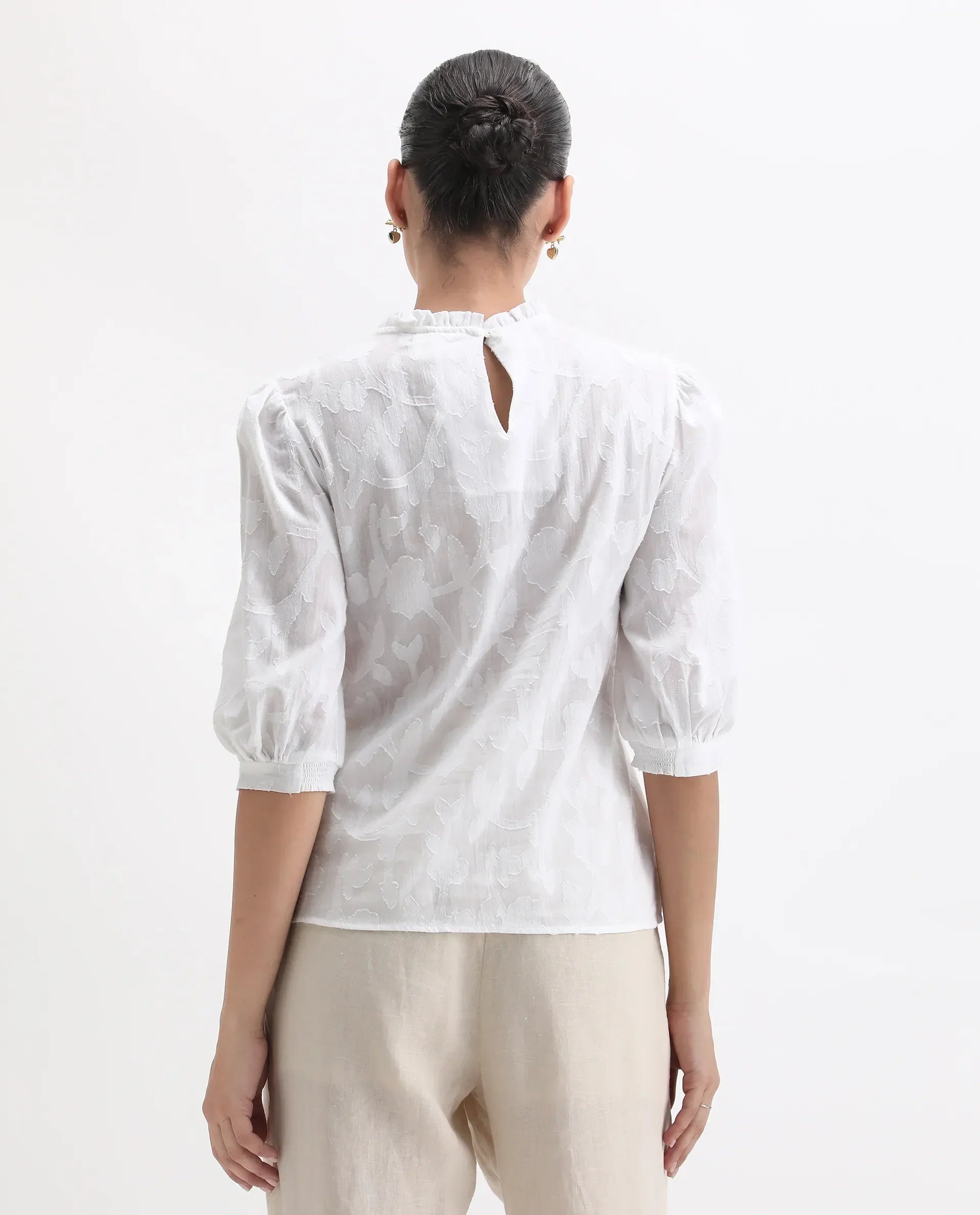 Rareism Women's Reis White Cotton Blend Crew Neck Plain Puff Sleeves Regular Fit Top