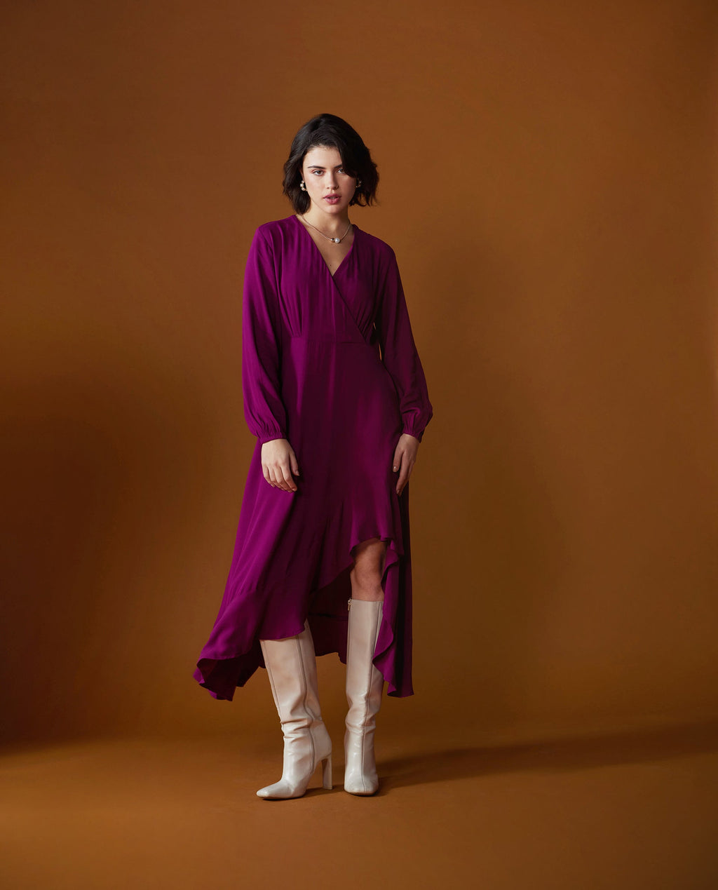 Rareism Women's Rens Dark Maroon Cotton Overlap Neck Plain Puff Sleeves Maxi Fit And Flare Dress