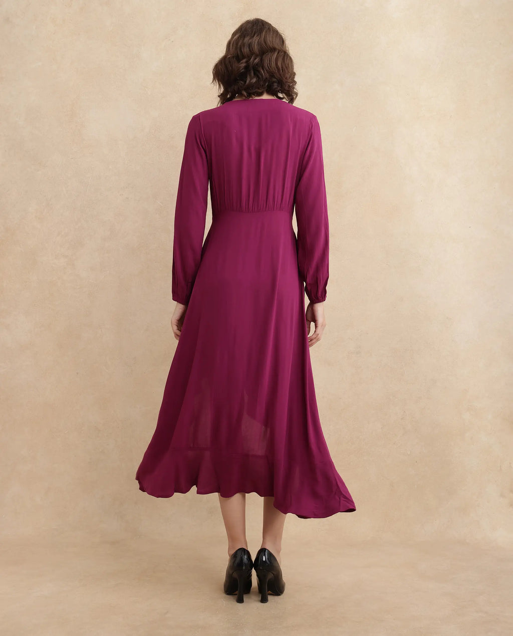 Rareism Women's Rens Dark Maroon Cotton Overlap Neck Plain Puff Sleeves Maxi Fit And Flare Dress