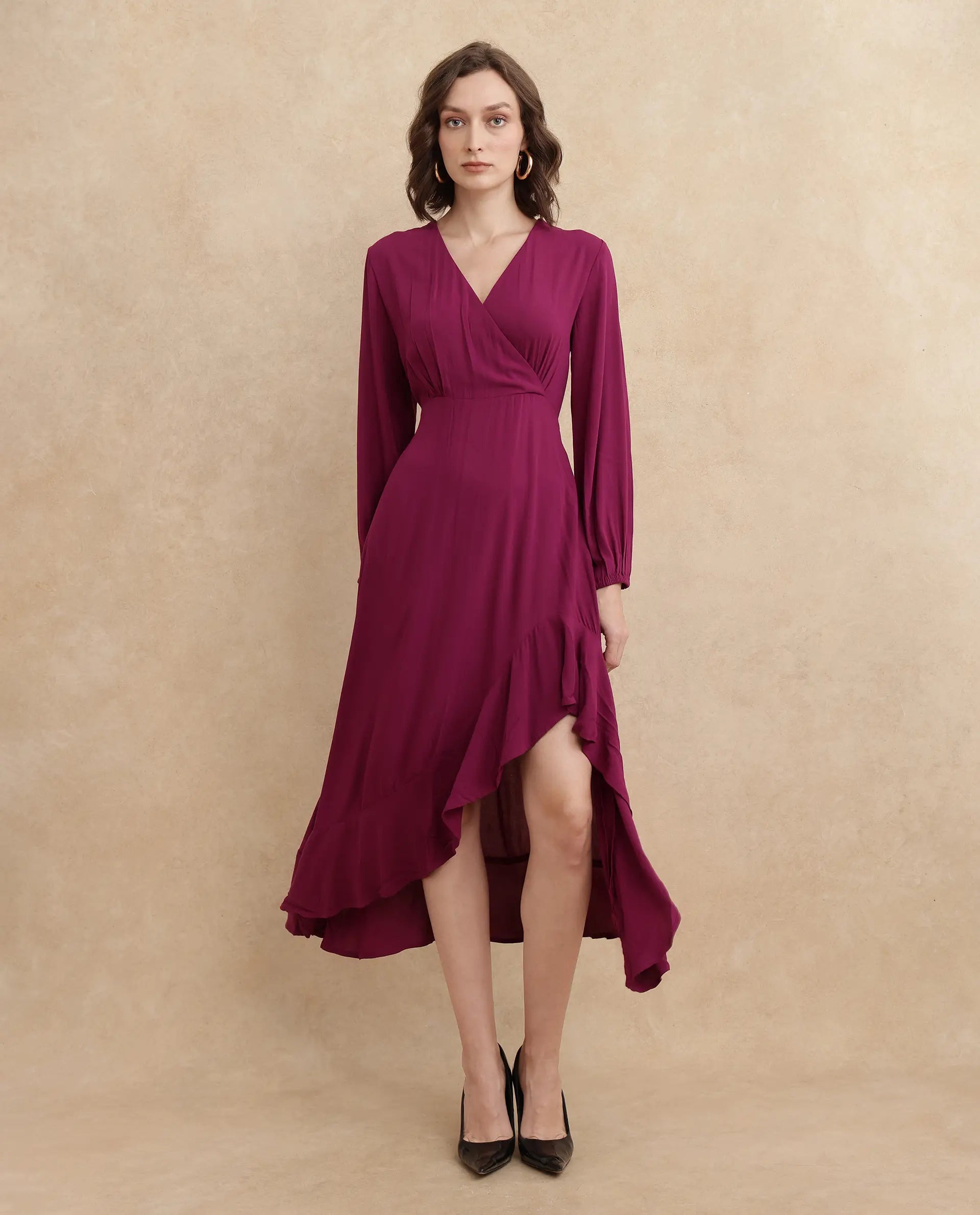 Rareism Women's Rens Dark Maroon Cotton Overlap Neck Plain Puff Sleeves Maxi Fit And Flare Dress