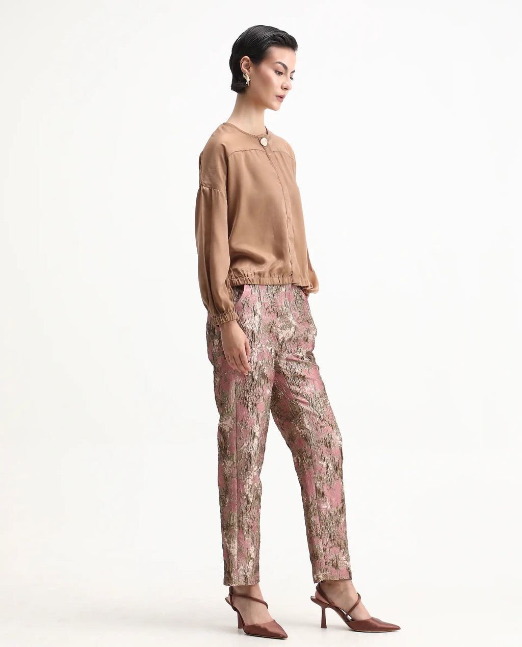 Rareism Women's Reshap-B Pink Poly Blend Tapered Ankle Length Jacquard Trouser