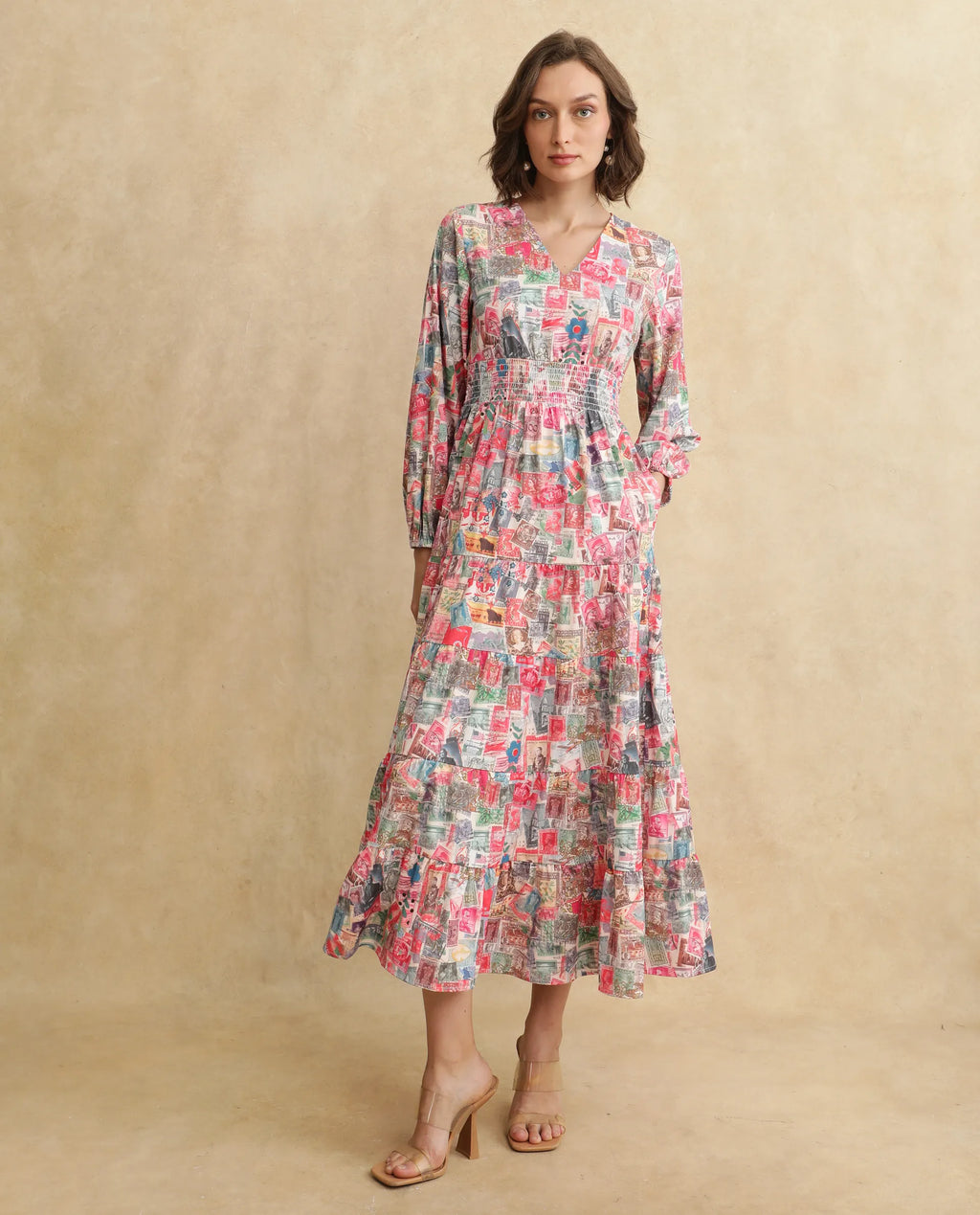 Rareism Women's Reting Light Multi Satin V-Neck Object Print Maxi Fit And Flare Dress