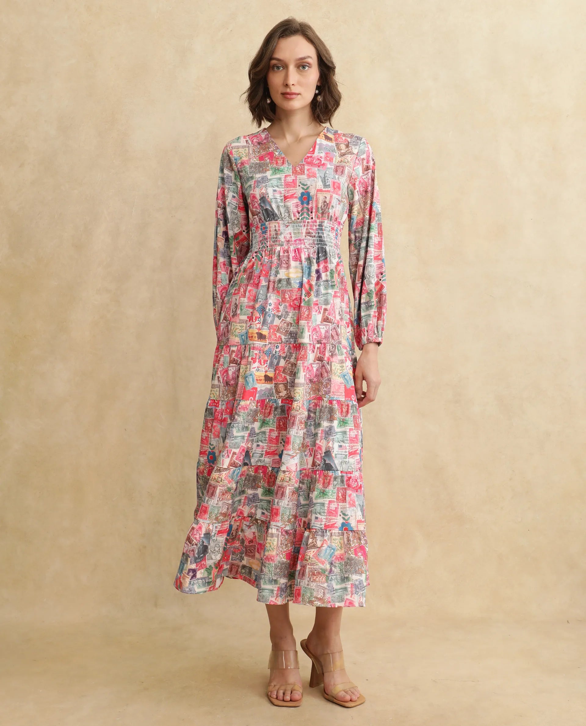 Rareism Women's Reting Light Multi Satin V-Neck Object Print Maxi Fit And Flare Dress