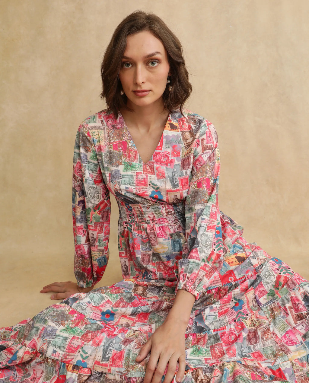 Rareism Women's Reting Light Multi Satin V-Neck Object Print Maxi Fit And Flare Dress
