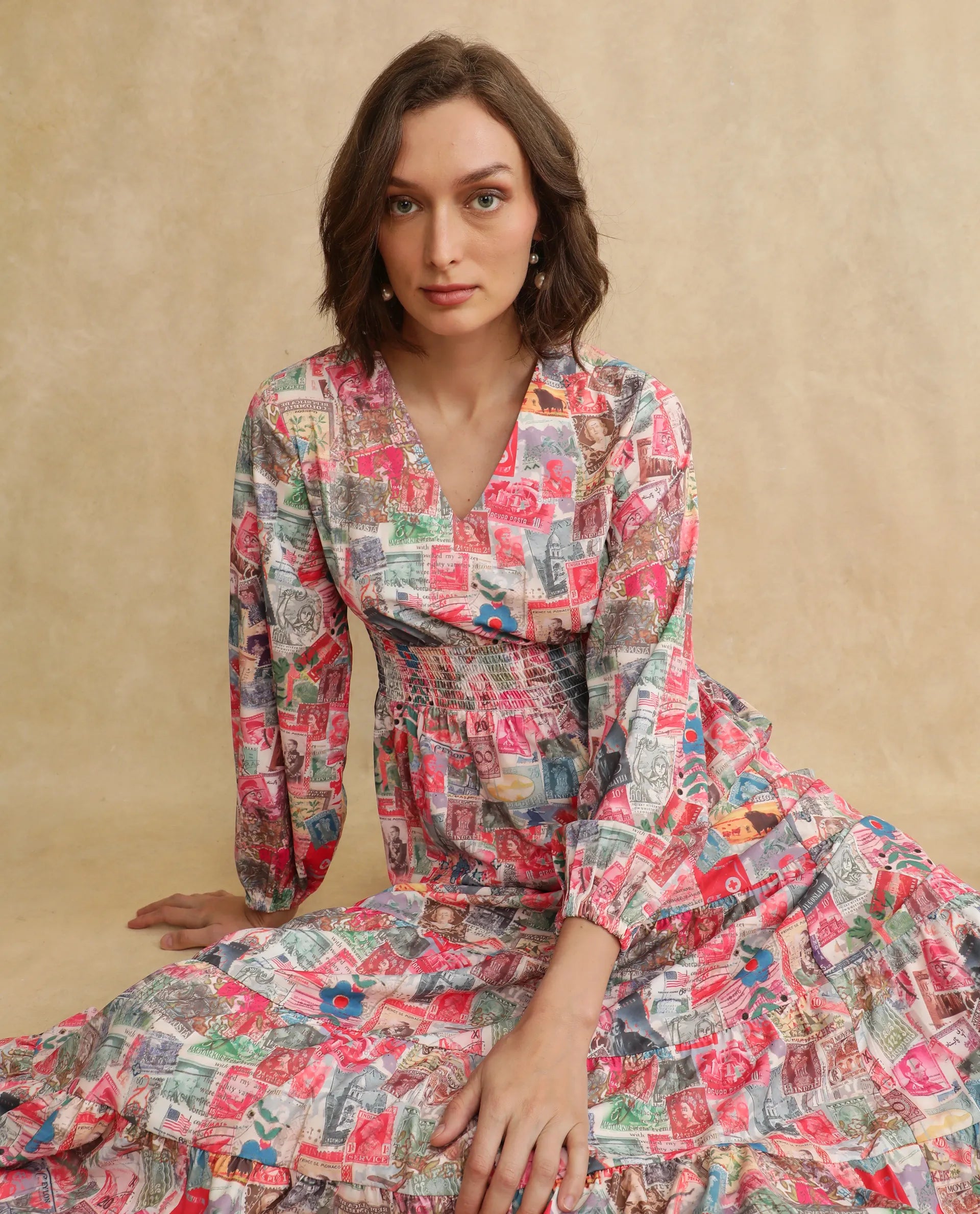 Rareism Women's Reting Light Multi Satin V-Neck Object Print Maxi Fit And Flare Dress