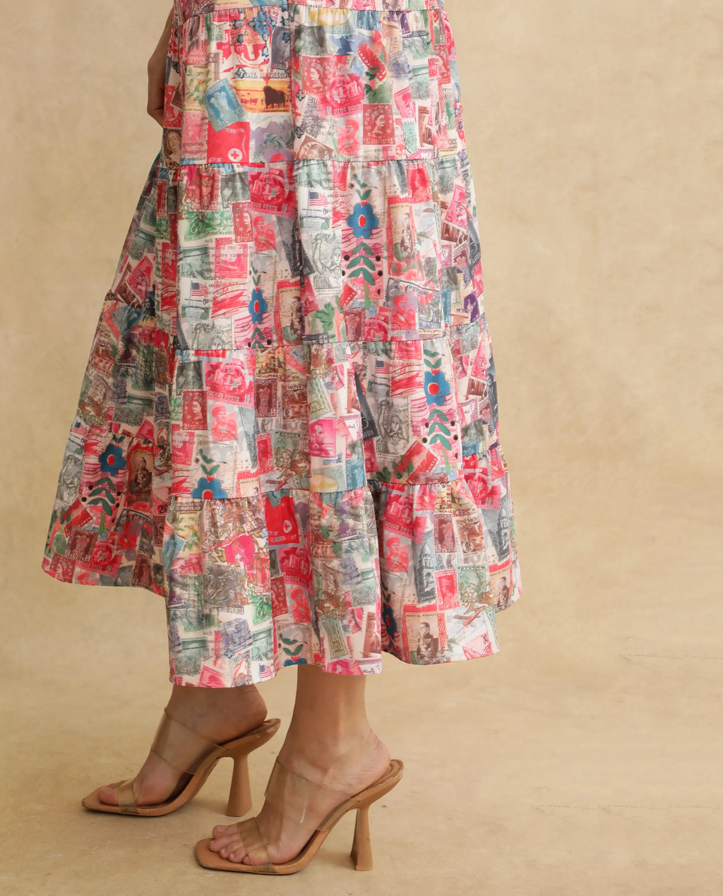 Rareism Women's Reting Light Multi Satin V-Neck Object Print Maxi Fit And Flare Dress