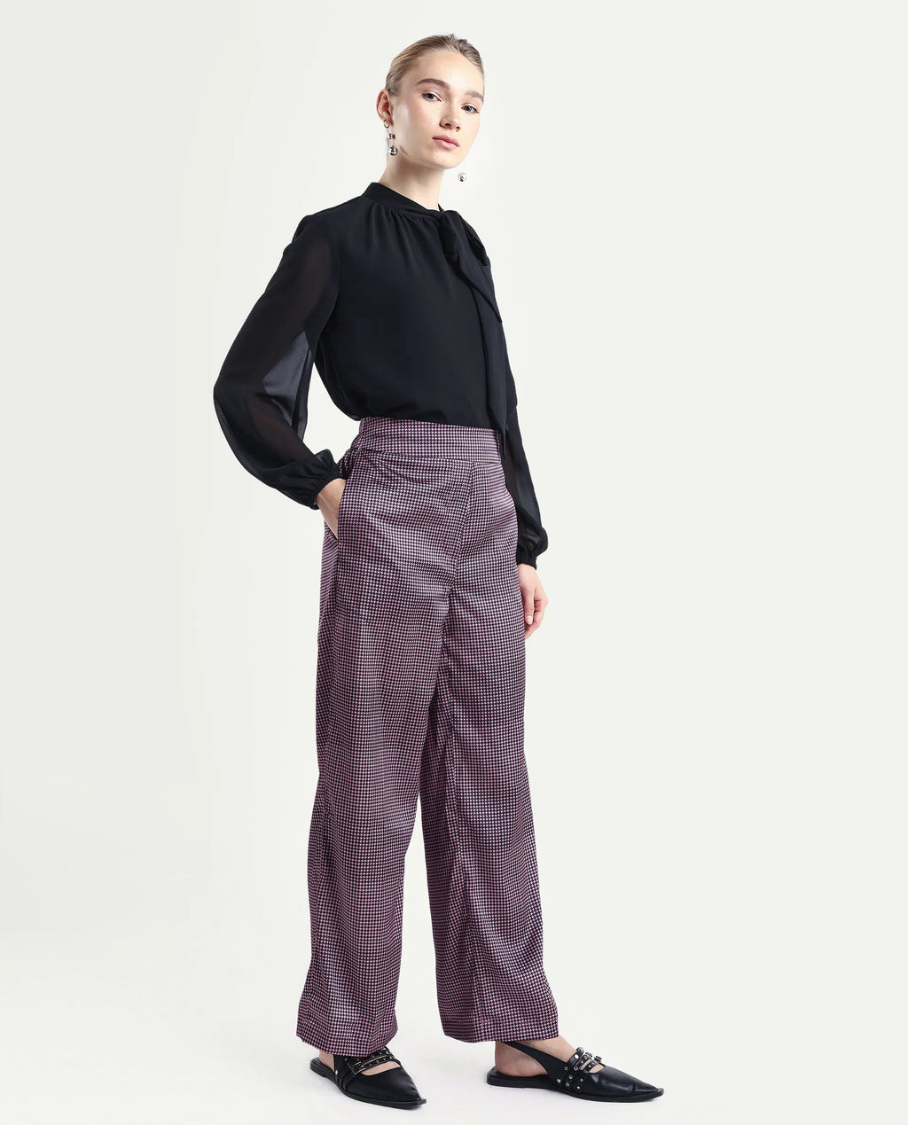 Rareism Women's Retre Multi Polyester Blend Houndstooth Print Ankle Length Straight Fit Trouser