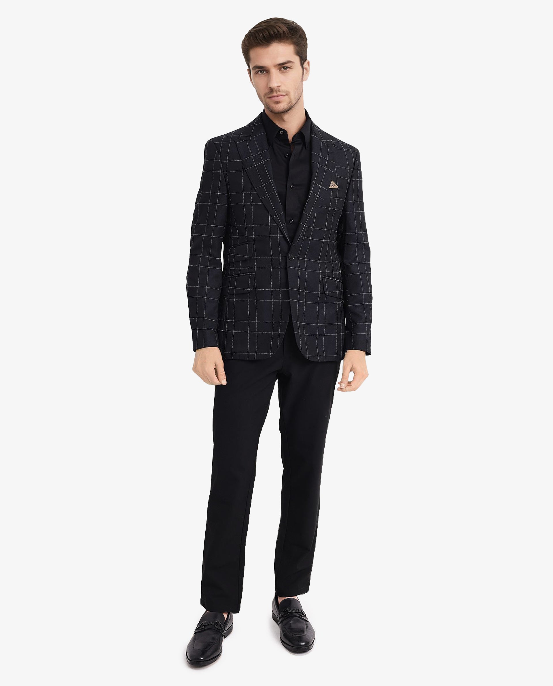 Rare Rabbit Men's Rewind Dark Navy Checked Print Tailored Fit Full Sleeve Lapel Neck Blazer